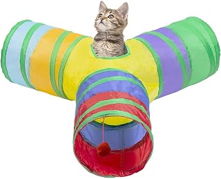 3 Way Cat Tunnel Collapsible Fun Pet Play Tube Toys for Cats, Kittens, Puppies & Rabbits - Portable Tunnel with Hanging Ball for Indoor Play, Hideout & Exercise