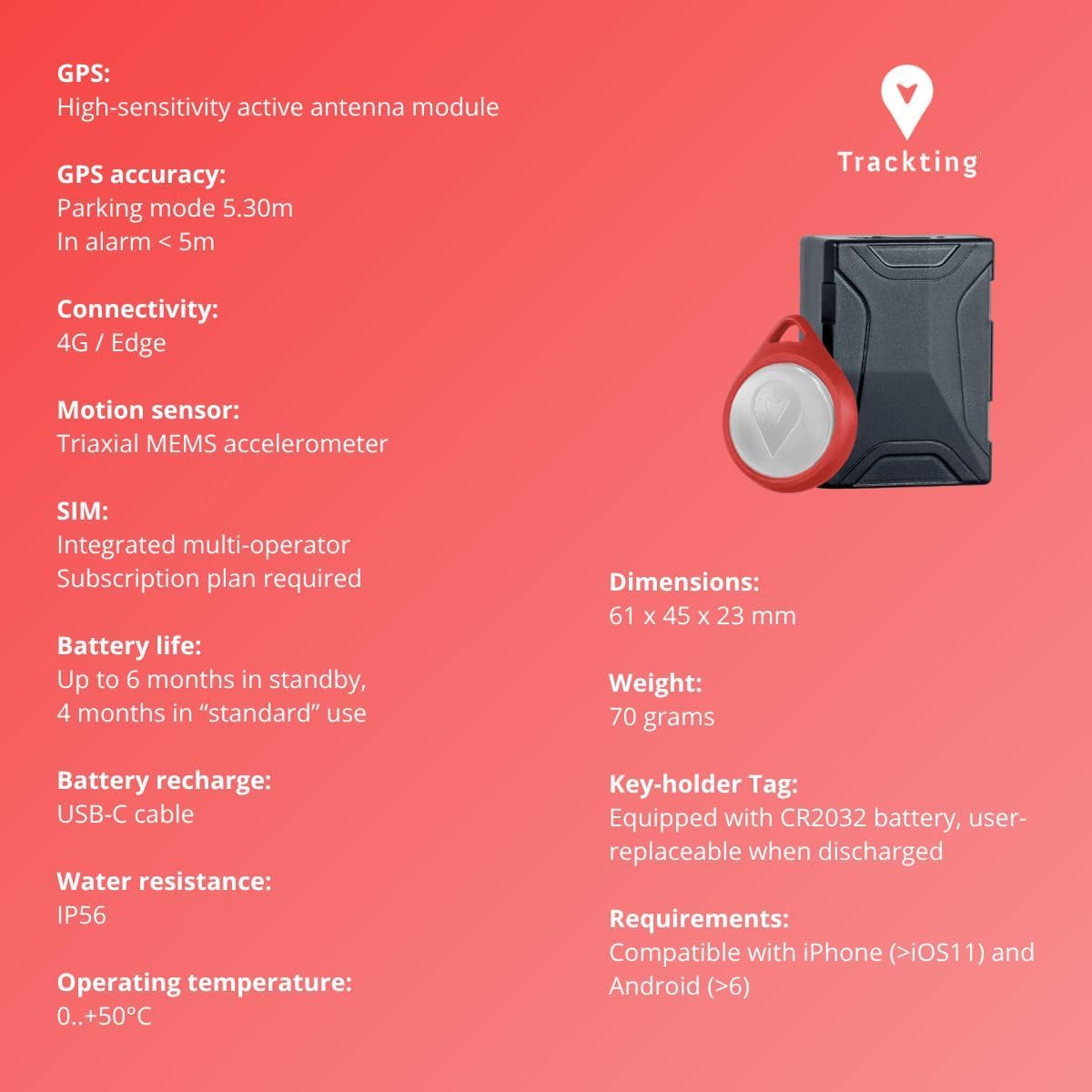 Trackting One – Dispositivo GPS Antirrobo para Coches Y Motos | Localizador GPS para Coche, Moto, Vehículos | Sim Integrada (4g/2g) – Suscripción Requerida | Sin Cables, Larga Duración De Batería
