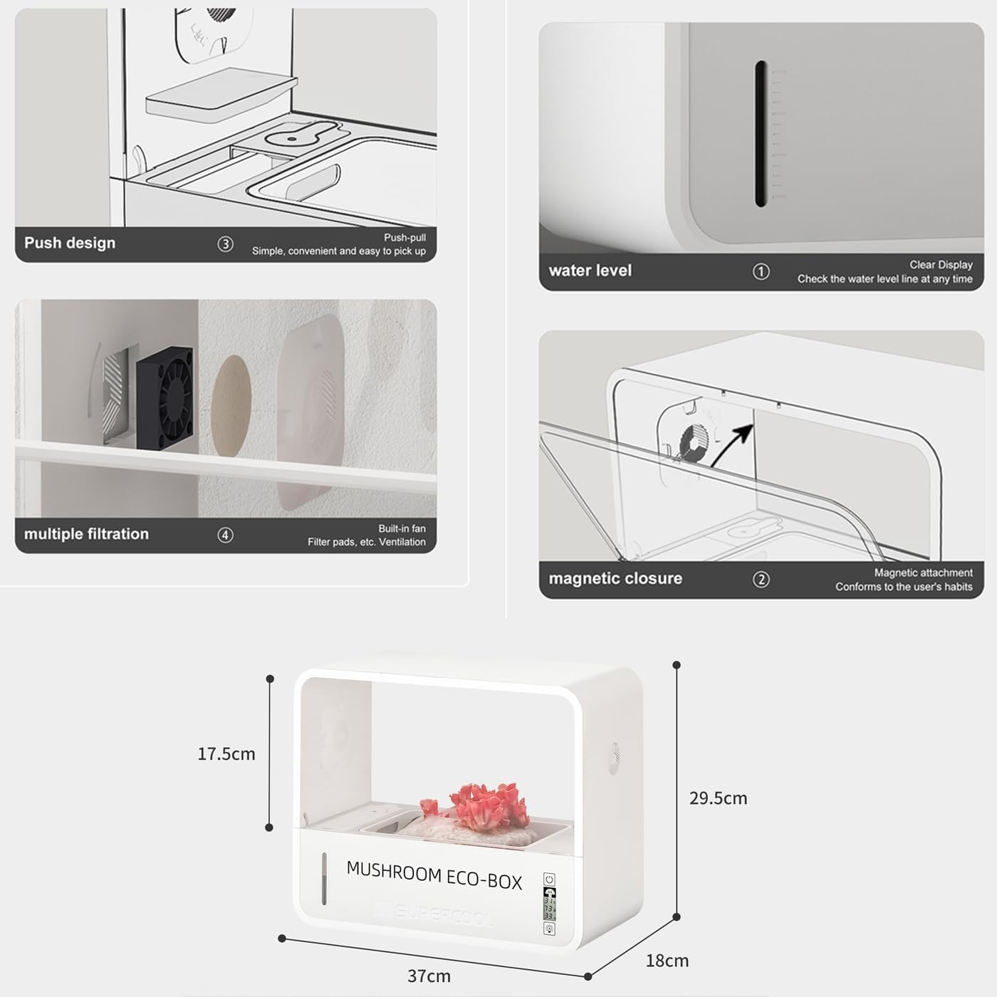 Cámara de cultivo de hongos automatizada: caja de aire inmóvil con temperatura/humedad controlada, LED de espectro completo, filtro HEPA y pantalla digital