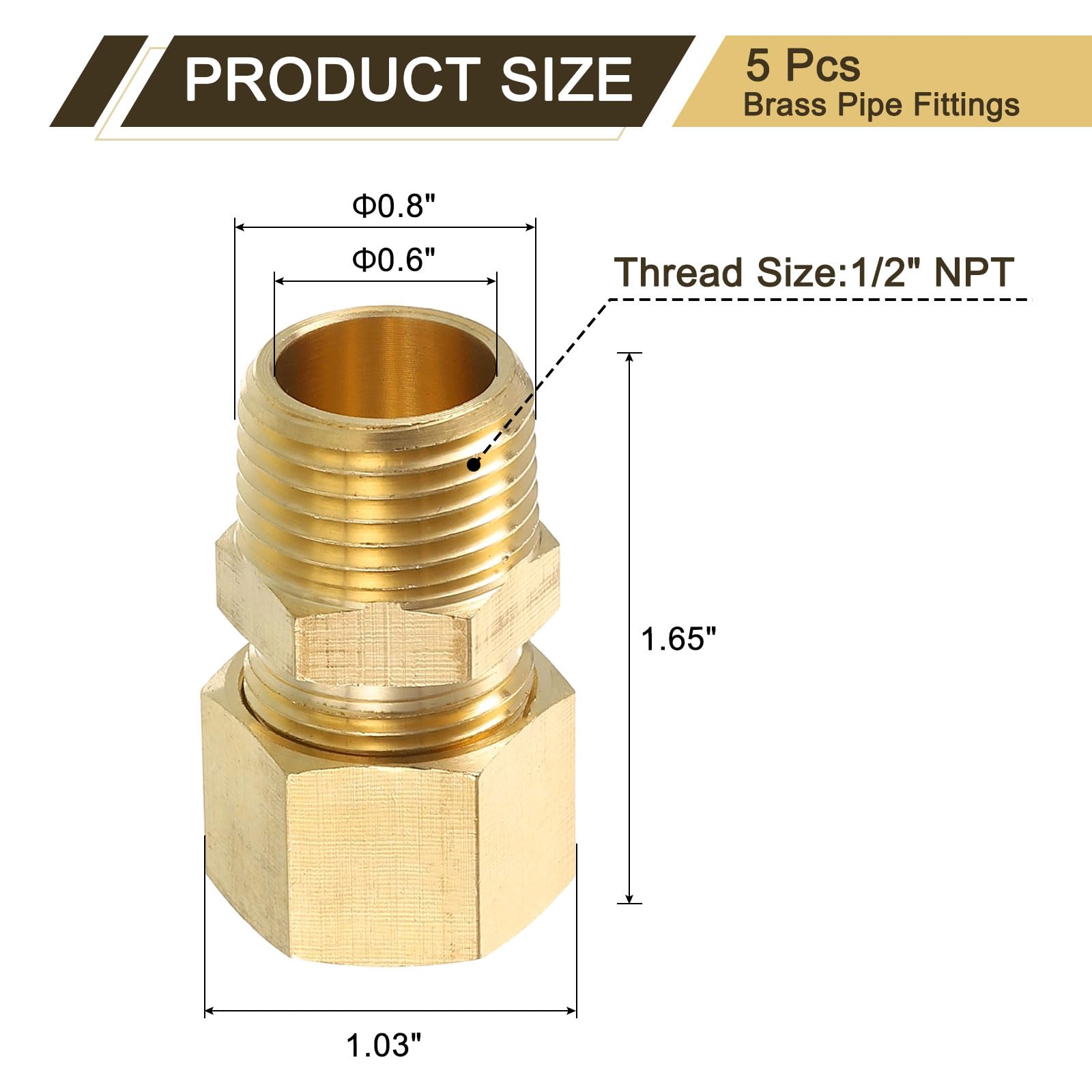 uxcell Lot de 5 raccords de tuyau en laiton, 1,5 cm OD x 1,27 cm NPT mâle en laiton, connecteur de compression en laiton, adaptateur de raccord droit en laiton pour tuyau de 1,6 cm