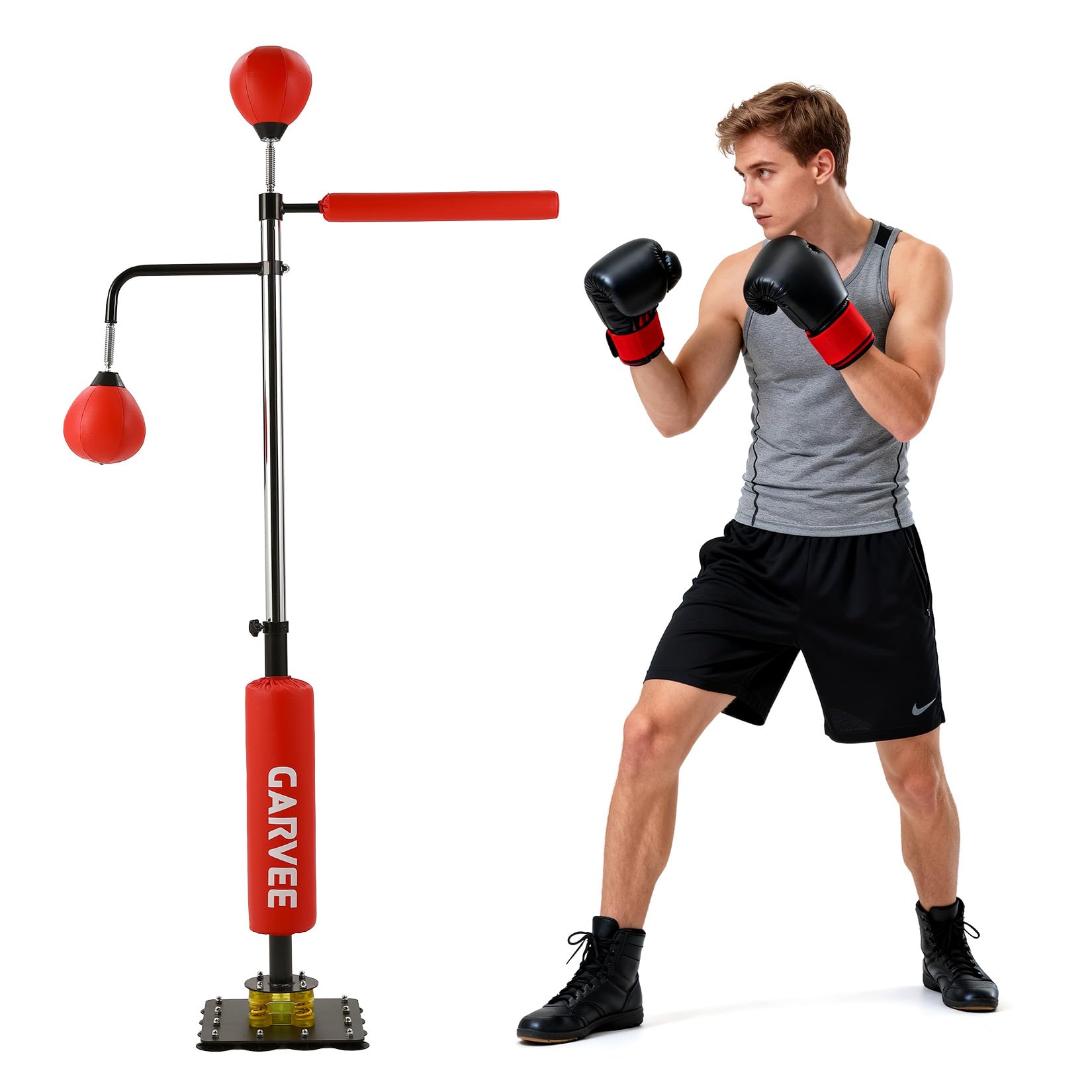 Garvee Punching Bag Free Standing with 2 Speed Balls & 360° Relax Bar, 106 x 140-205cm Height Adjustable Boxing Bag with Stand & Suction Cup Steel Base for Teens Adults Fitness Training Boxing