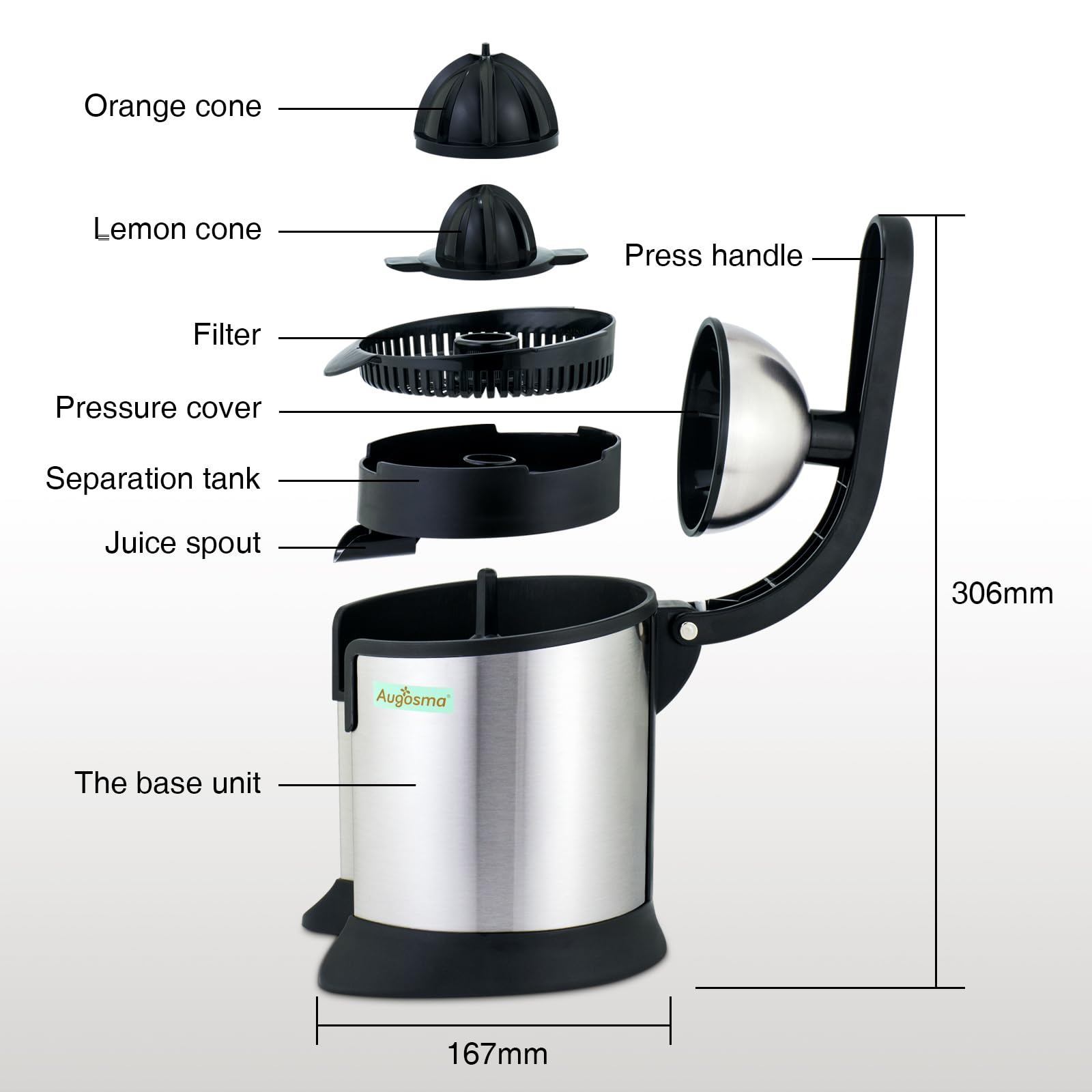 Exprimidor eléctrico, apto para naranjas, limones y pomelos, acero inoxidable cepillado, fácil de limpiar y usar (negro+plata)