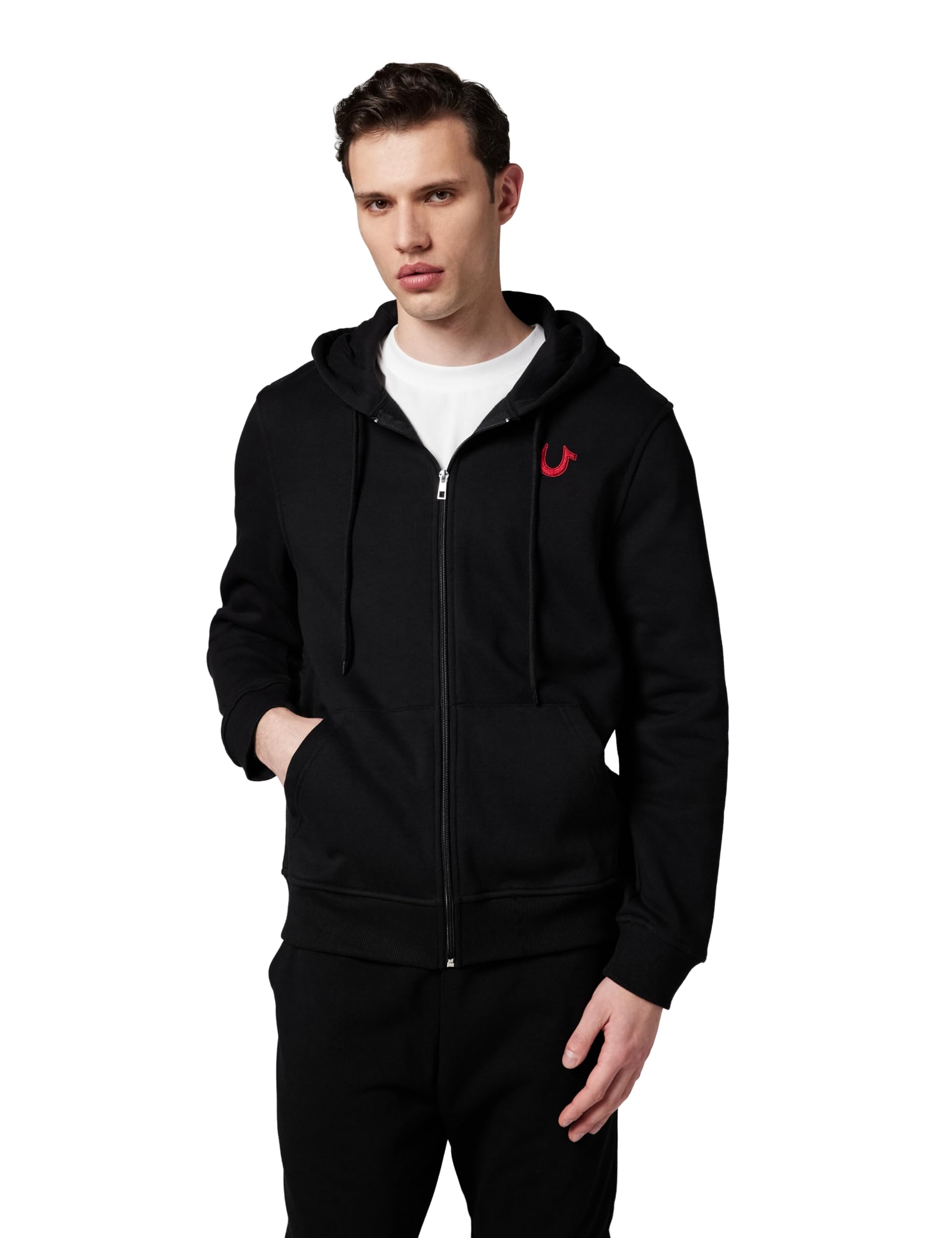 True Religion Men's True Embroidered Zip Hoodie, Black, XXL