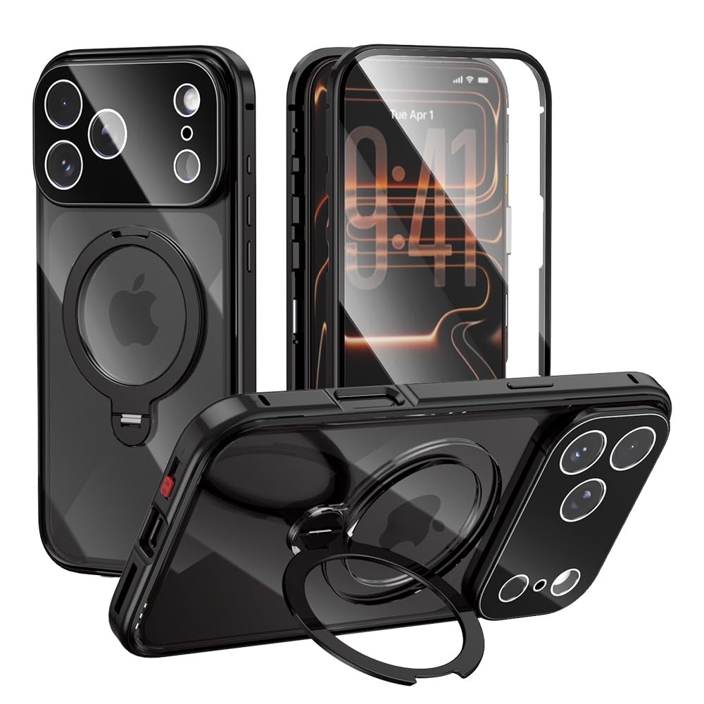360°回転スタンド iPhone 17 Pro Max 用 ケース フルーカバー リング付き 全面保護 透明 クリア Magsafe対応 縦横両対応 アイフォン17ProMax 全面カバー 両面ケース 9H強化ガラス ワイヤレス充電 一体型レンズ保護 PC背面 アルミバンパー,ブラック