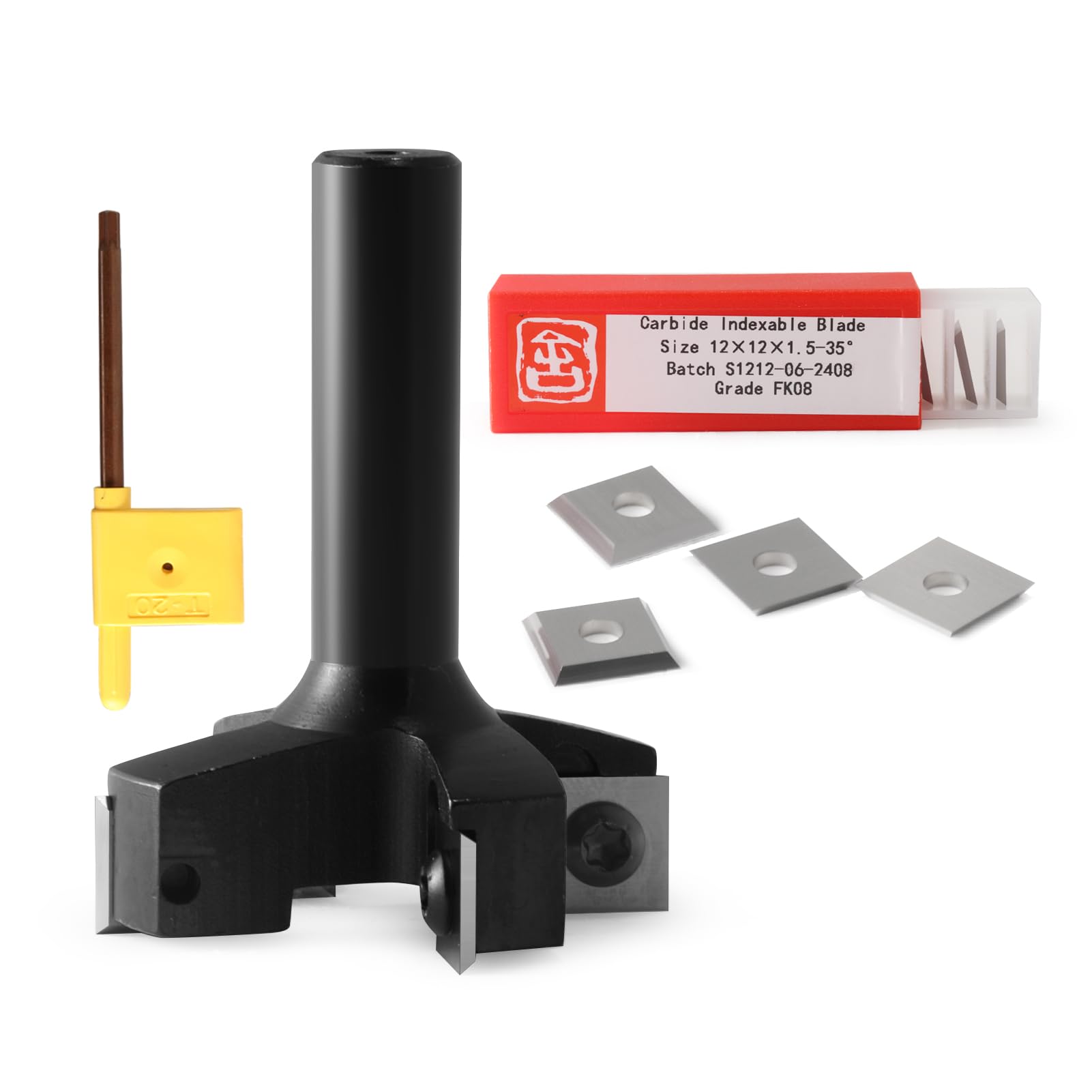 Punta per fresa CNC per superfici con codolo da 1,27 cm, diametro di taglio 5,1 cm, in carburo a 4 ali per appiattimento delle lastre in legno, con 10 inserti indicizzabili (12 x 12 x 1,5 mm, 35°)