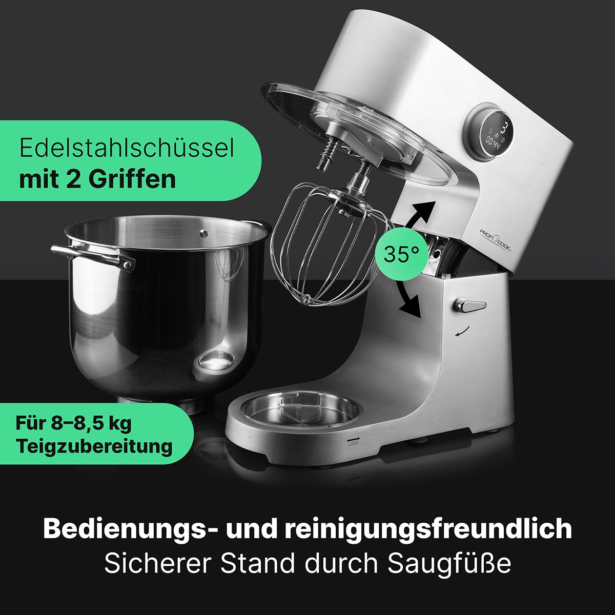 ProfiCook® Robot kuchenny z miską XXL 12 L | Ugniatanie z silnikiem Longlife Pro 2500W | Metalowa skrzynia biegów i wyświetlacz LED | Robot kuchenny do 8,5 kg ciasta | PC KM 1254