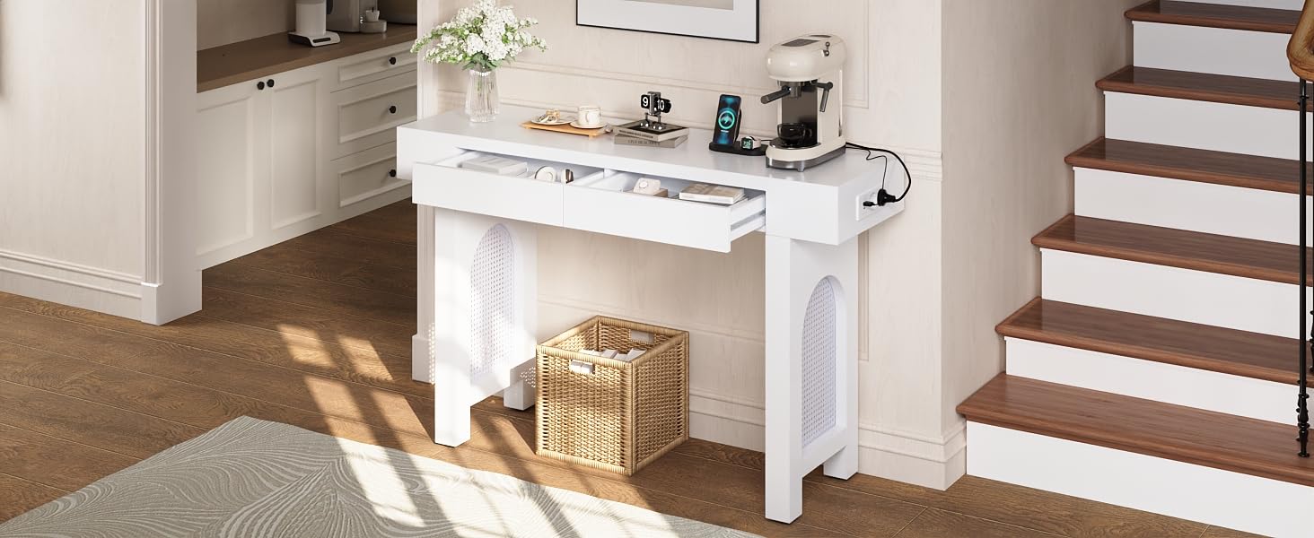 Mesa consola con cajones REXO con almohadillas para suelos desnivelados