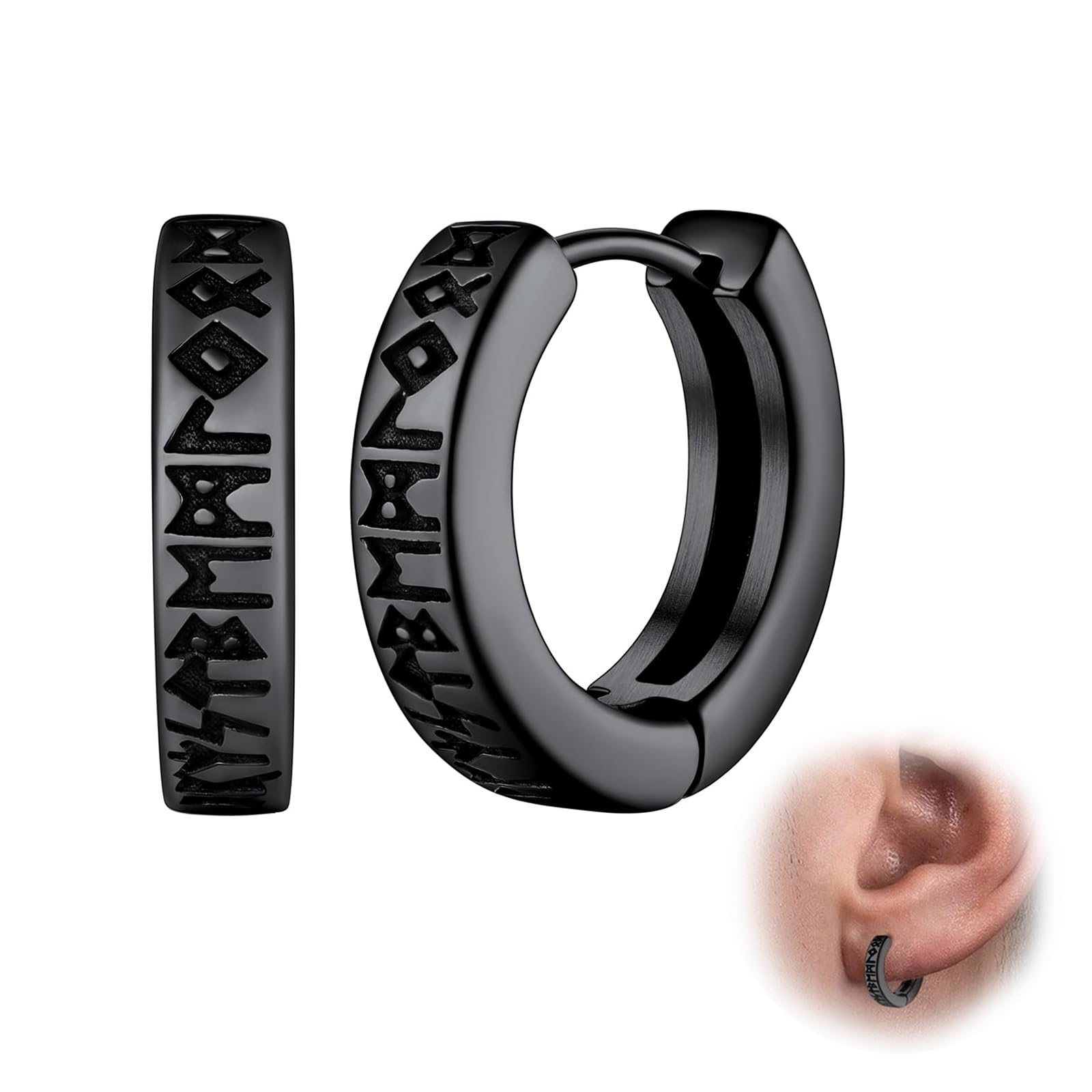 Orecchini Uomo Cerchio Vichinghi - 2 Paia In Acciaio Inox Con Rune, Onice E Design Nordico - Foto 7