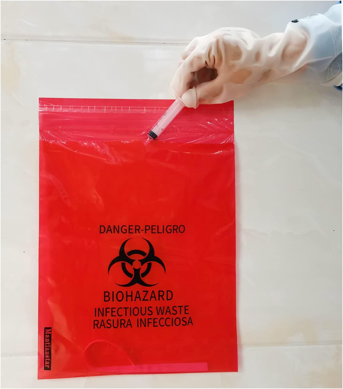 Mantianstar 100pcs Medical Grade No Leak Bags Stick On Biohazard Bags 10x14in/25x35cm Stick-on Infectious Red Waste Bags : Industrial & Scientific