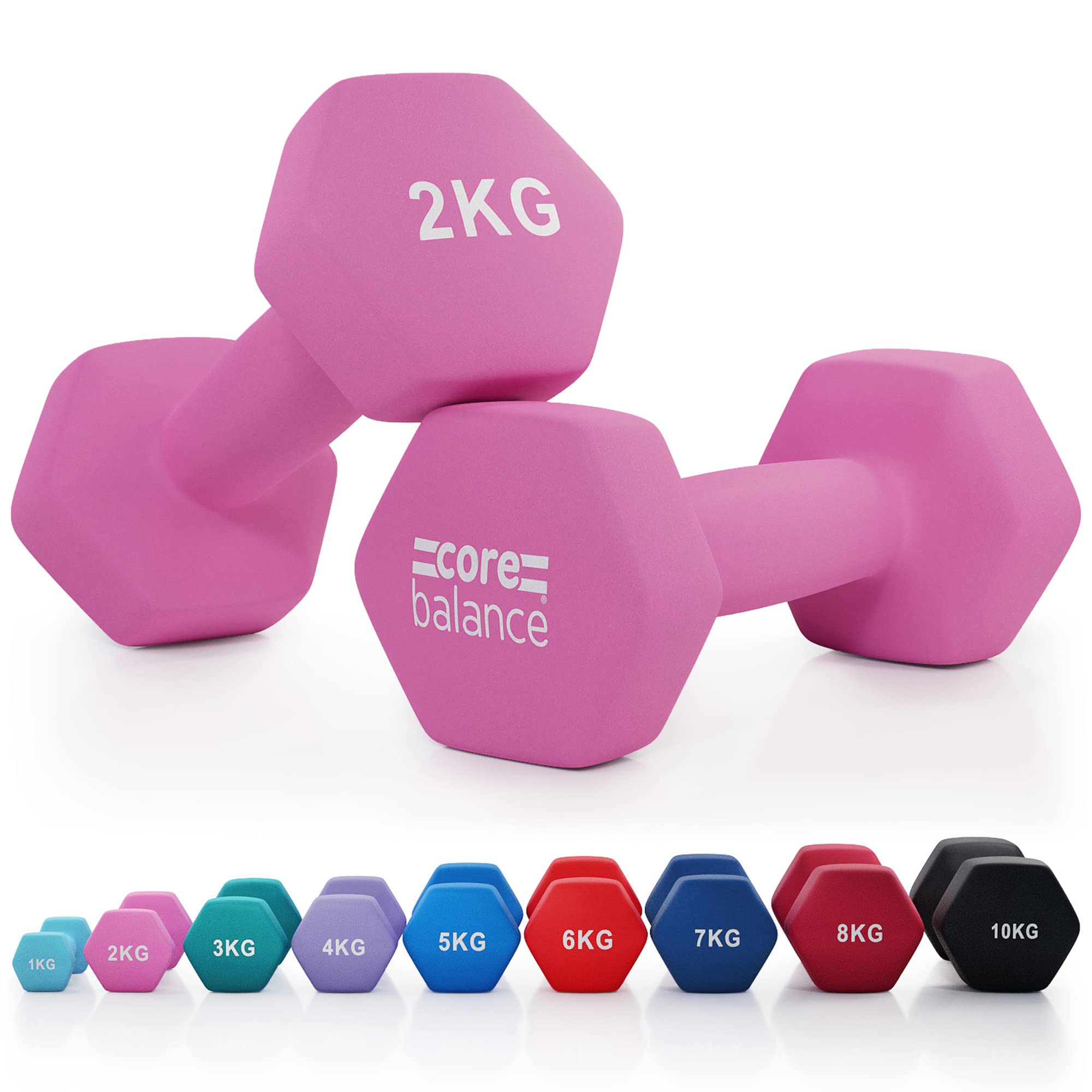 Core Balance 2kg Dumbbell Pair Hex Weight Neoprene Coated Cast Iron Strength Training (Pink) — image 1