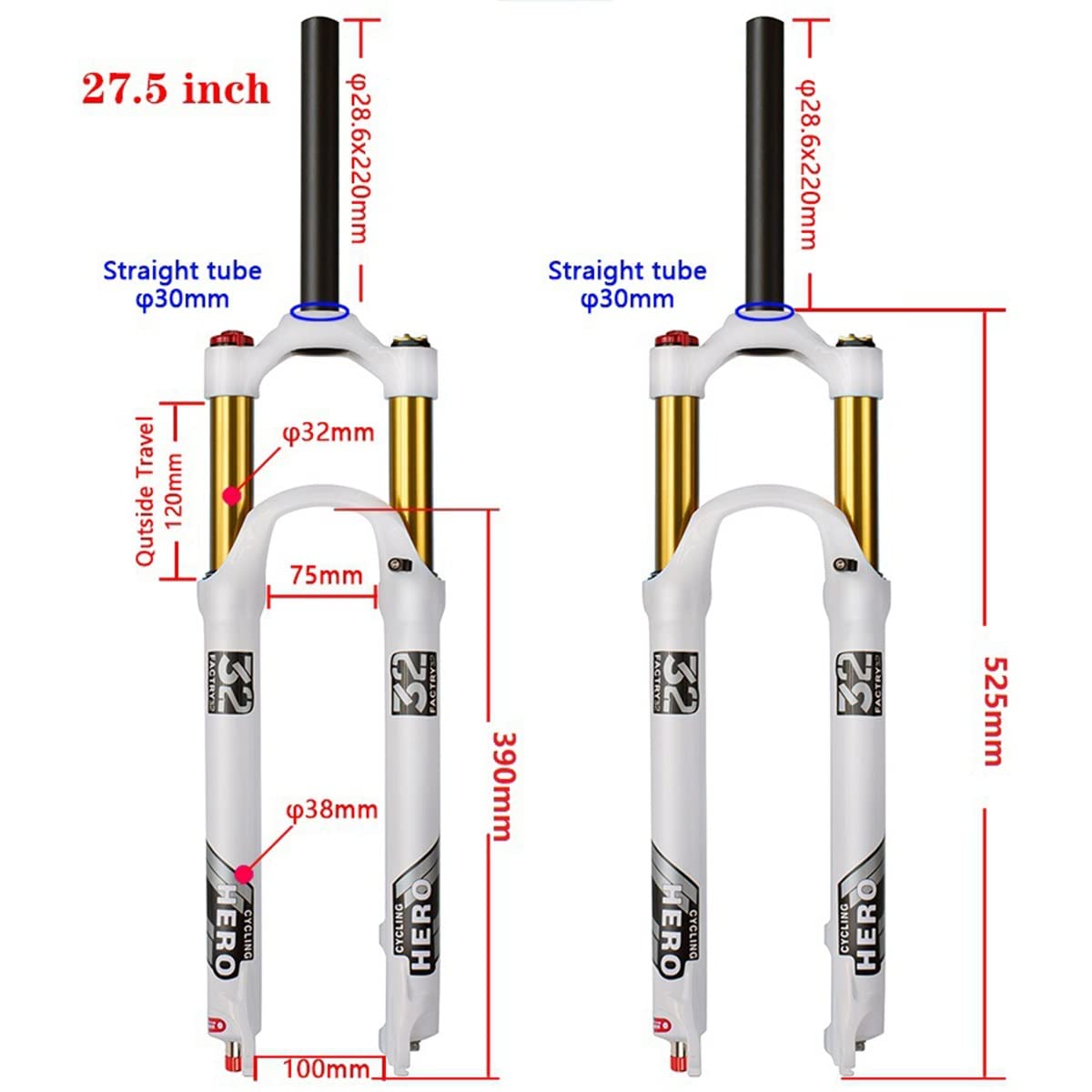 Widelec do rowerów górskich 26/27,5/29 cali z regulowanym odbiciem i skokiem sprężyny, 120 mm, stop aluminium, przedni widelec MTB, zawieszenie pneumatyczne 1-1/8", ręczne / zdalne sterowanie blokadą