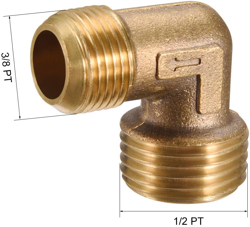 sourcing map Brass Pipe Fitting, L-Type 3/8G Male x 1/2G Male Elbow Connector, Gold, 3/8" x 1/2" , Brass - Image 3