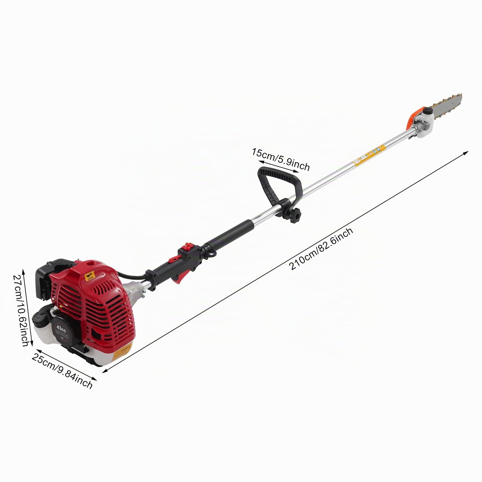 Motosierra de Pértiga a Gasolina 43 CC, 1,5 m, 1,25 kW y 8500 RPM | Alcanza ramas elevadas y trabaja con menos pausas; depósito de 1 L, correa de hombro, gafas, guantes y botella mezcladora