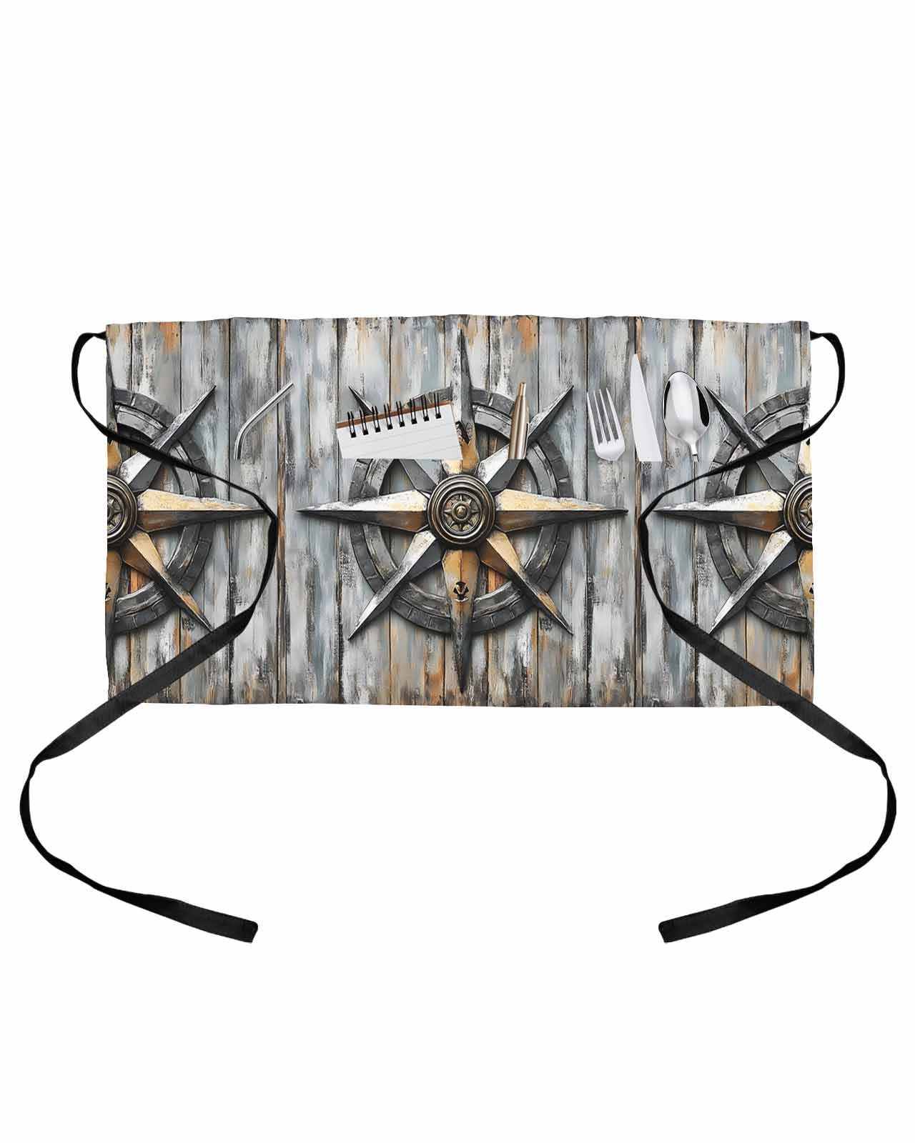 PIEPLE Vintage Coastal Server Apron Waitress Aprons with 3 Pockets, Nautical Ocean Compass Summer Beach Half Waist Waiter Aprons Restaurant Chef Aprons for Women Men