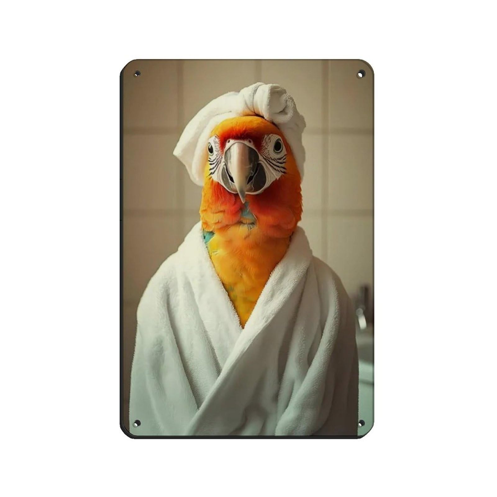 Parrot Wearing A Bathrobe, Funny Bathroom Art Retro Poster Metal Tin Sign Chic Art Retro Iron Painting Bar People Cave Cafe Family Garage Poster Wall Decoration 8x12inch(20x30cm)