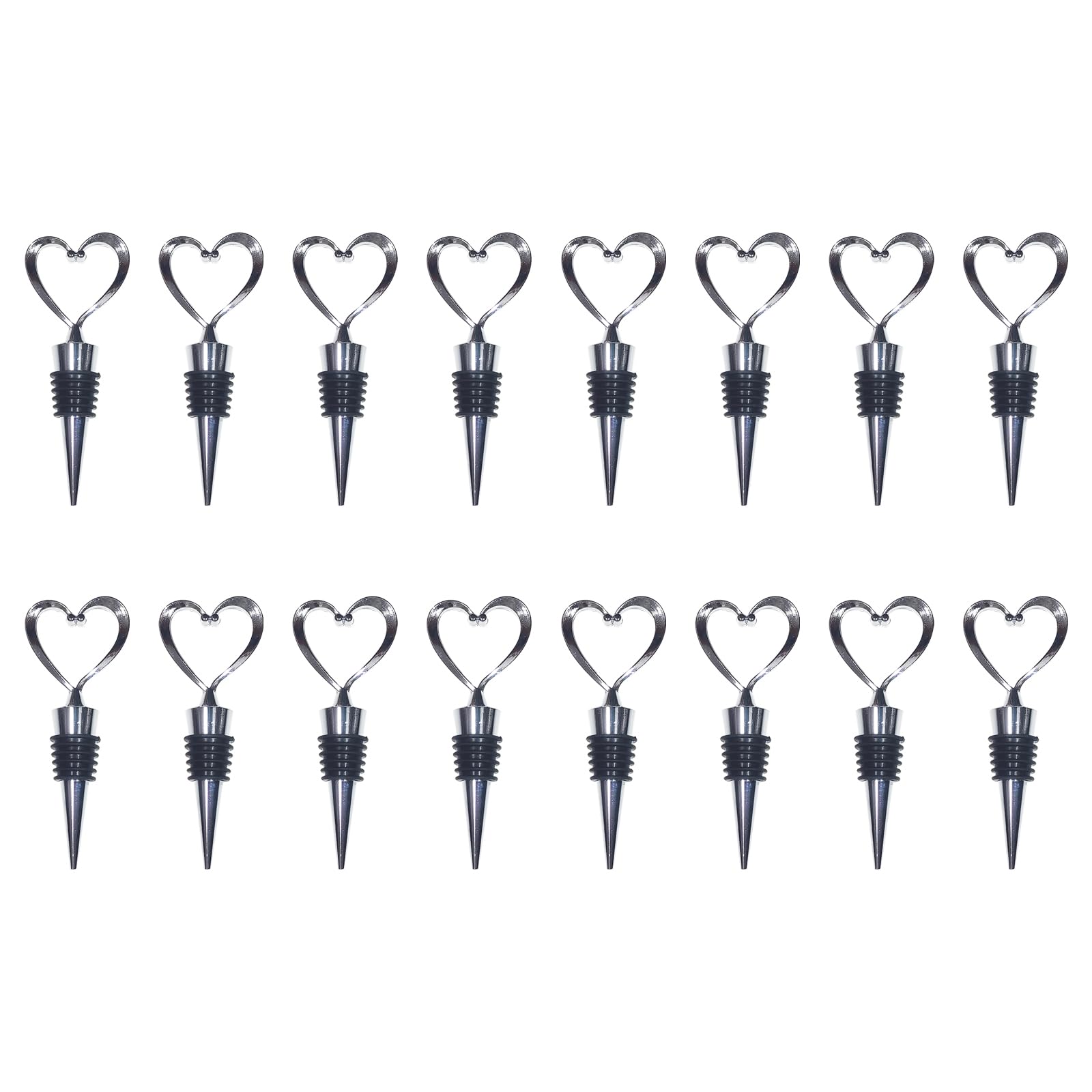 Lot de 16 bouchons de vin réutilisables en alliage de zinc argenté en forme de cœur pour bouteille de vin, champagne bière, décoration de bar, décoration de mariage, d'anniversaire, de Noël