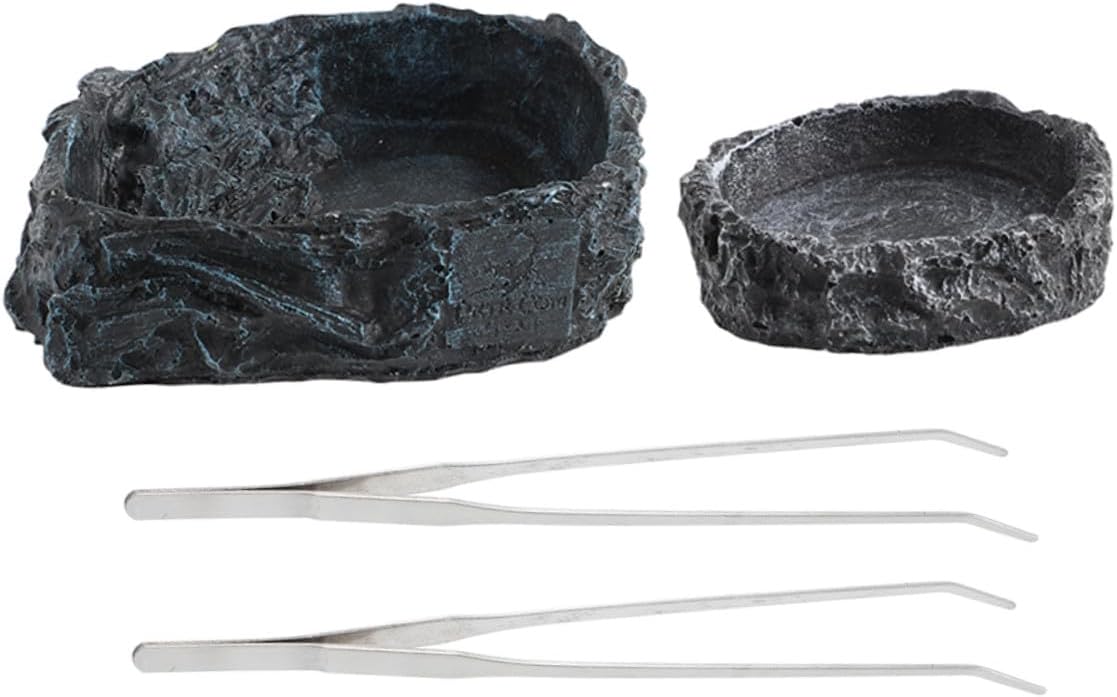 Milisten Reptile Feeding Dish and Water Bowl Set with 27cm Curved Feeding Tongs, Small Gray Food Bowl and Large Water Dish for Bearded Dragon, Snake, Tortoise Tank Accessories