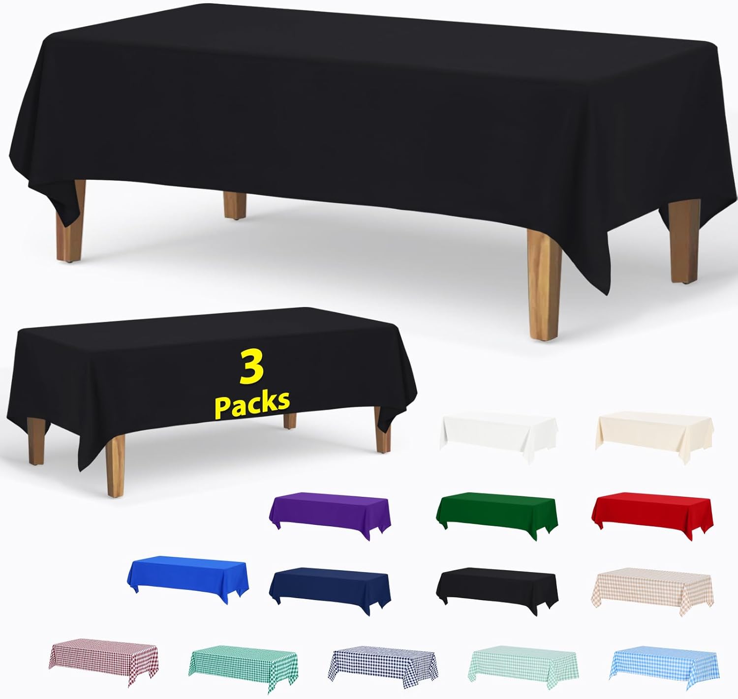 ABCCANOPY 3 Pack Rectangle Polyester Tablecloth 70 x 120 Inch Indoor Outdoor Stain-Resistant Washable Heavy-Duty Fabric Table Cover Elegant Home Decor Black