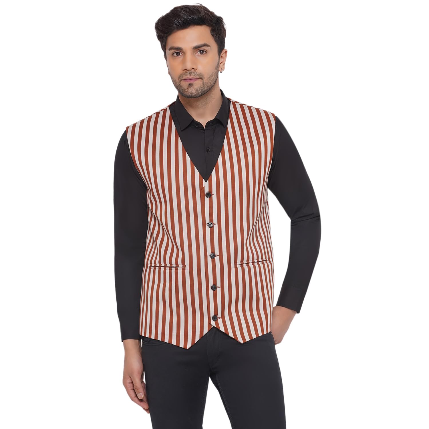 veera paridhaan Cotton Poly Striped Waist Coat for Men (Brown)-picture-20