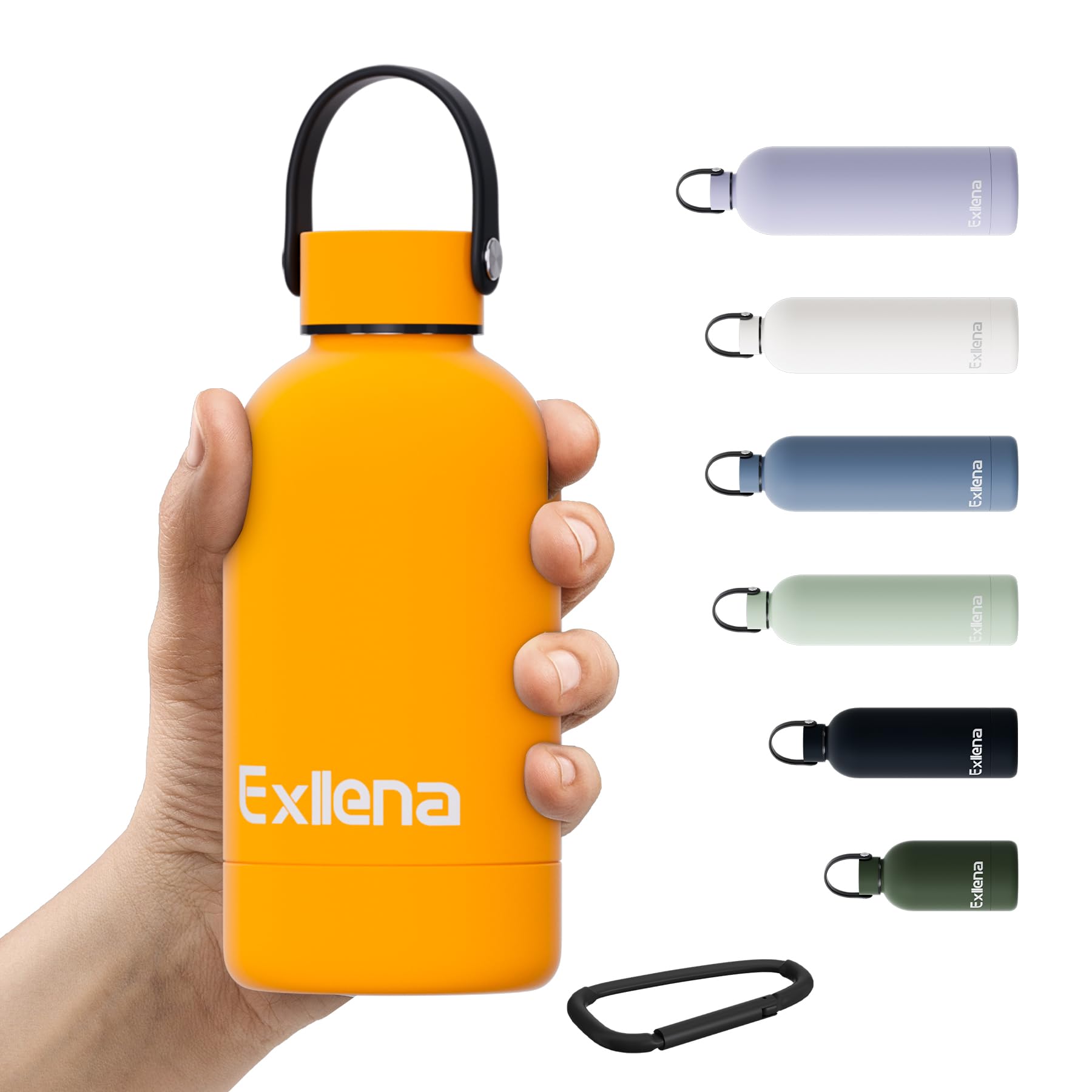 Exllena Borraccia Termica Piccola 350ml con Maniglia e Moschettone - Mini Borraccia Mantenere Calore/Freddo - Senza BPA - 100% A Tenuta Stagna per Escursioni, Campeggio, Viaggi...(Mango)