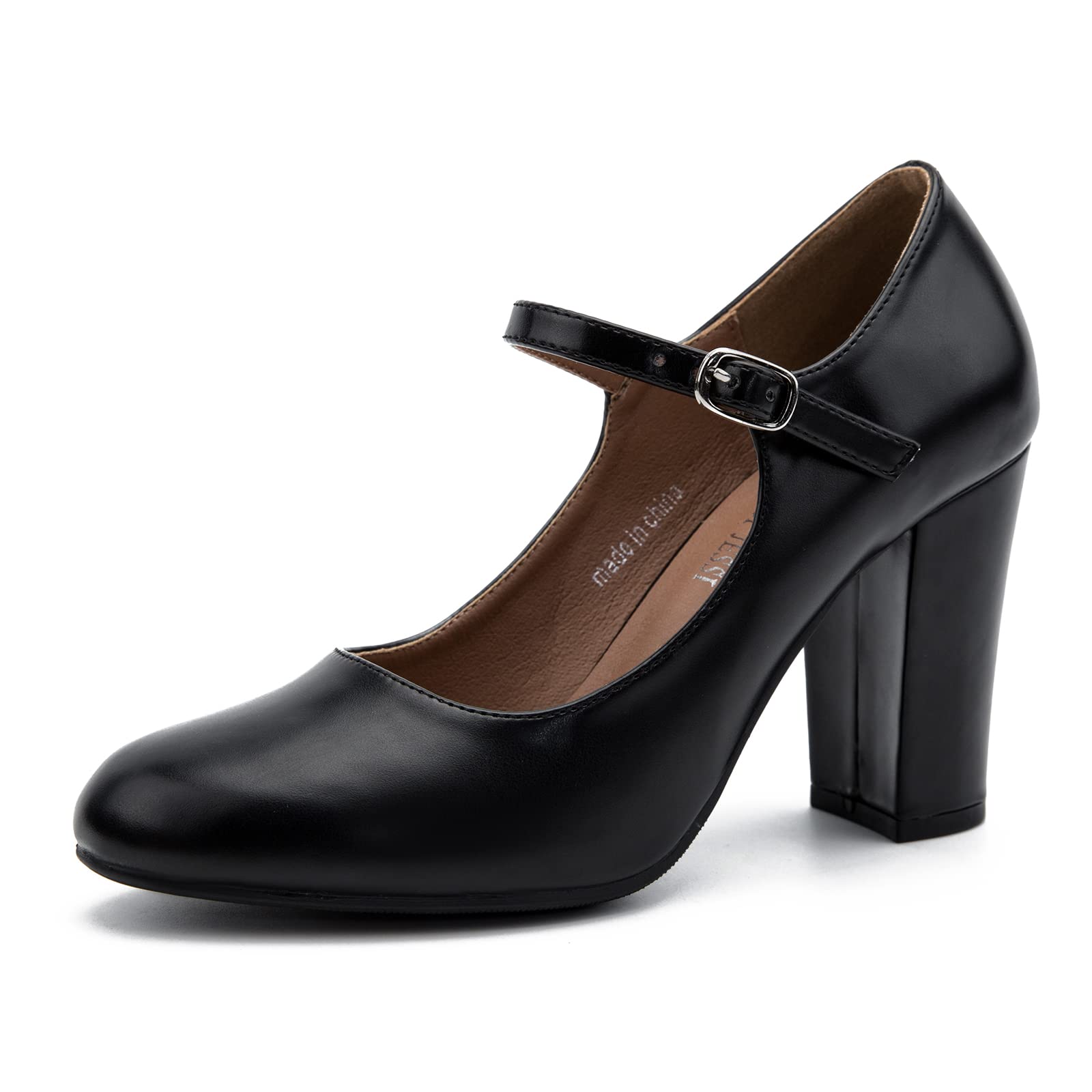 MAIERNISI JESSI Women's Mary Jane Pumps, Closed Round Toe, Block Heel with Ankle Strap Buckle, 3.54 Inch High Heel
