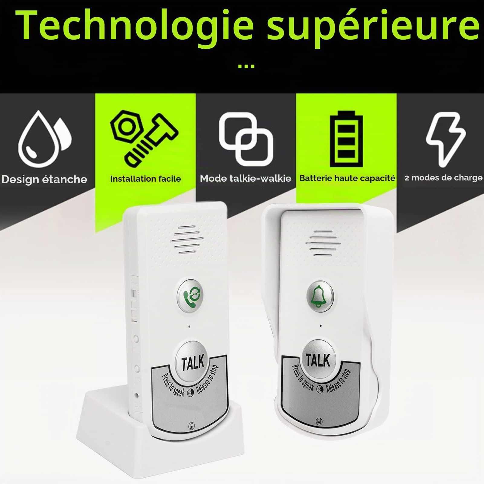 Sonnettes d'interphone Vocal, Sonnettes d'interphone sans Fil à 1000 M de Distance Blanches pour Les Usines