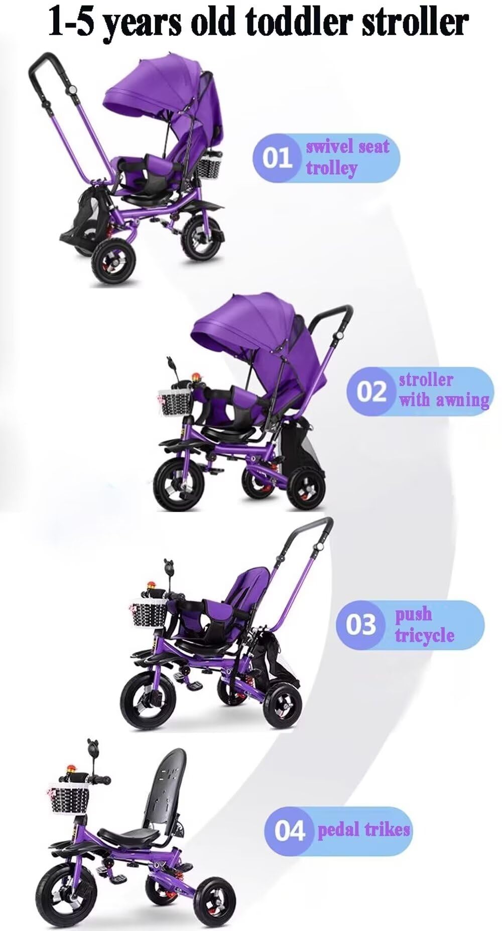 Children's Tricycle for sit and Lie Down,Multifunctional Toddler Stroller Buggies for Age 1-5,Parent Push Trike Trolley with Removable Canopy and Push Handle,Swivel seat with guardrail (purple rubber