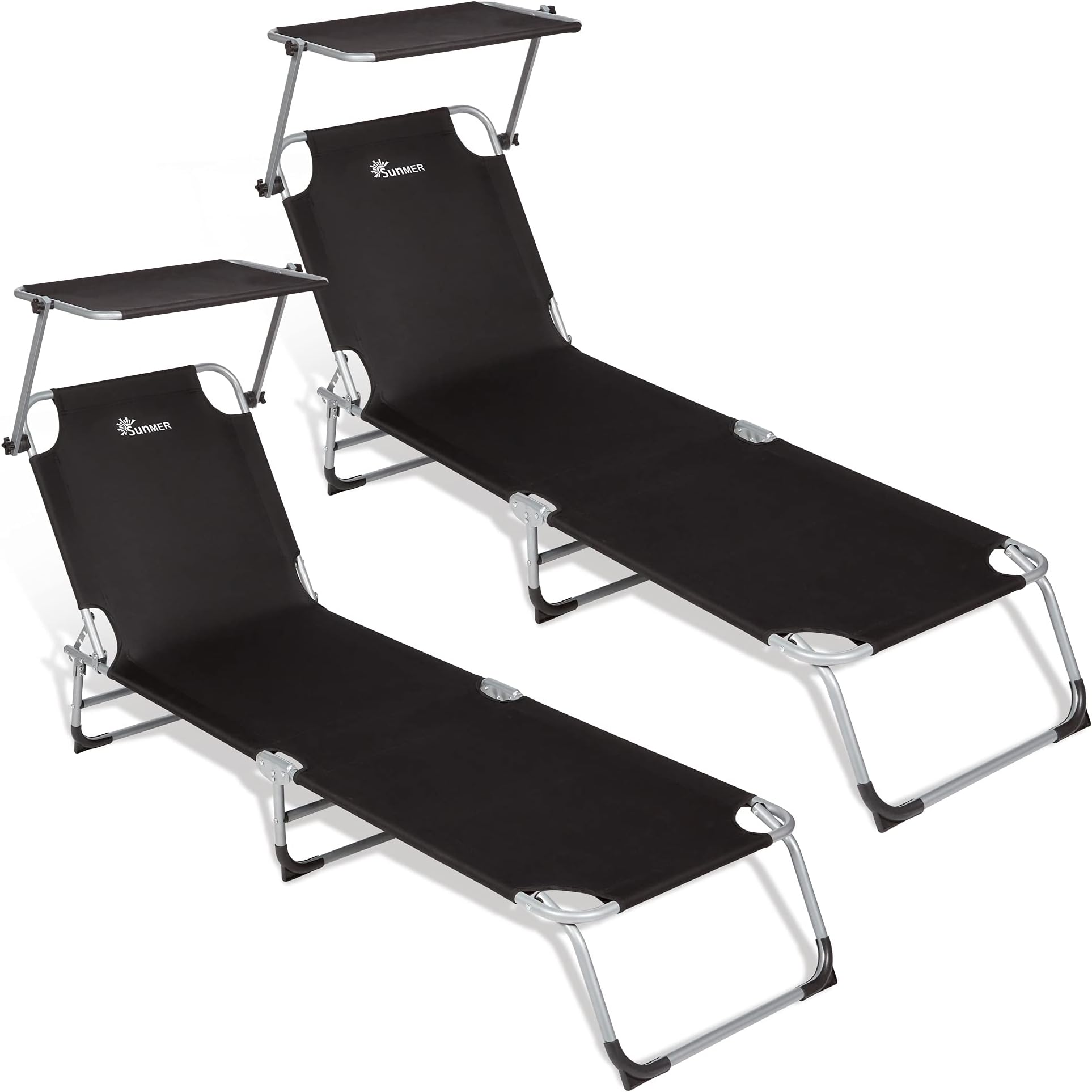 SUNMER Sun Loungers Recliners Set of 2, Garden Day Bed, Folding Outdoor Sunbeds Loungers Reclining With Adjustable Backrest and Shade Roof Canopy - Black