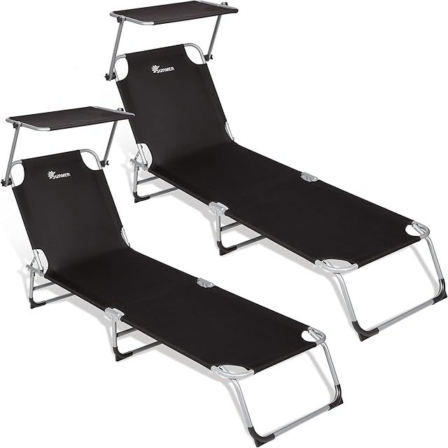 SUNMER Sun Loungers Recliners Set of 2, Garden Day Bed, Folding Outdoor Sun Beds Loungers Reclining With Adjustable Backrest And Sun Shade Roof Canopy - Black