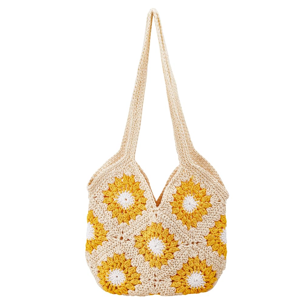 ORIGACH Summer Sunflower Crochet Tote Bag for Women Crochet Granny Square Shoulder Boho Woven Beach Bag