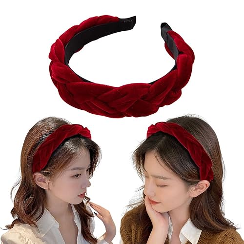 Kilener Diadema de terciopelo rojo trenzada para mujeres y niñas, bandas de terciopelo antideslizantes a la moda para mujeres, diadema trenzada de