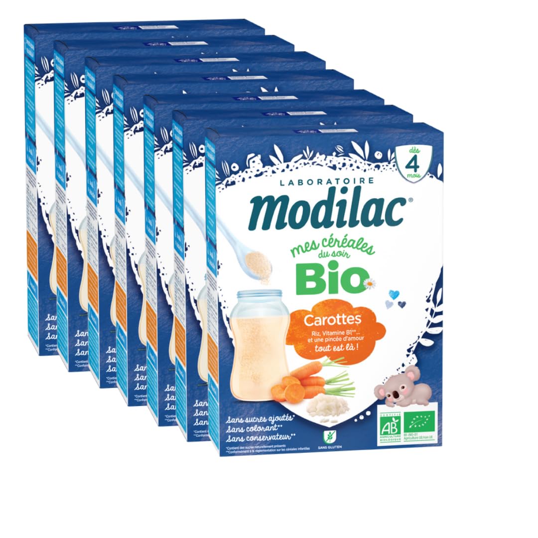 Laboratoire Modilac - Céréales Bio Sans Sucres Ajoutés*** - Dès 4 mois - 250g - Lot de 7 (250 g (Lot de 7), Riz carottes)