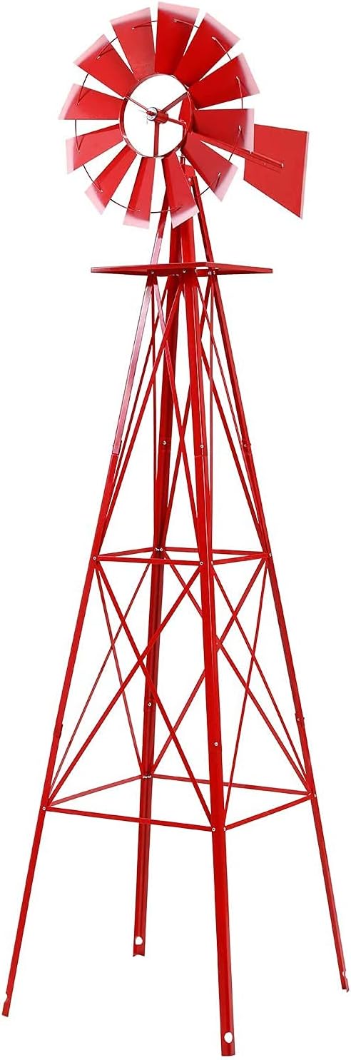 Large 8ft Windmill Yard Garden Metal Ornamental Wind Mill for Garden Lawn Backyard(red)
