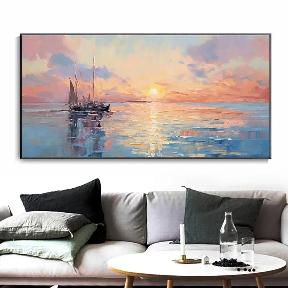 GOSRD Vintage Oil Painting Ocean Canvas Art with Sunrise Sunset For Living Room Home Wall Decor Blue Sea Landscape(50X100cm)