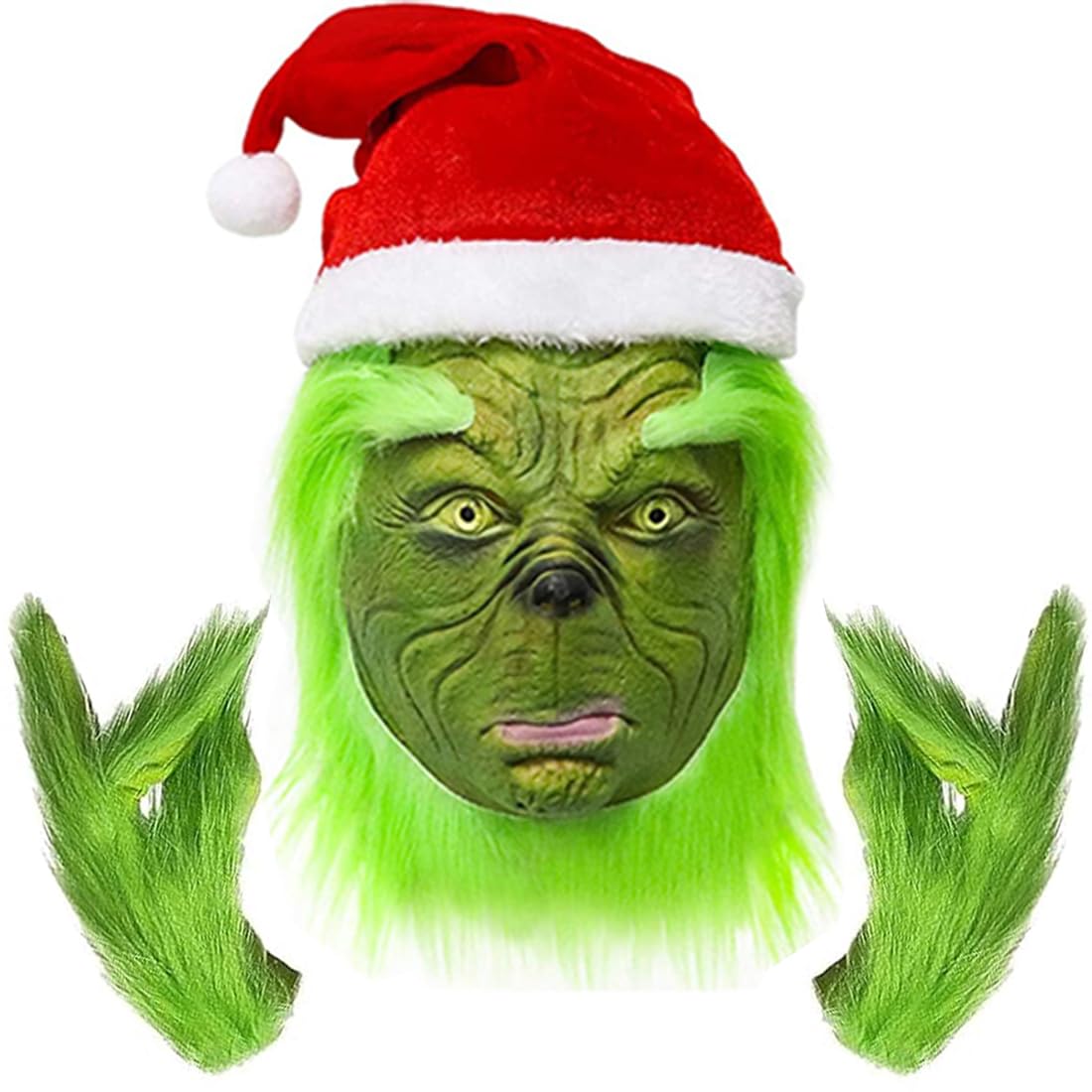 SINSEN Christmas Mask Furry Gloves Hat Green Big Monster Latex Full Head Mask Christmas Halloween Carnival Cosplay Costume Props Fancy Dress Mask for Adults