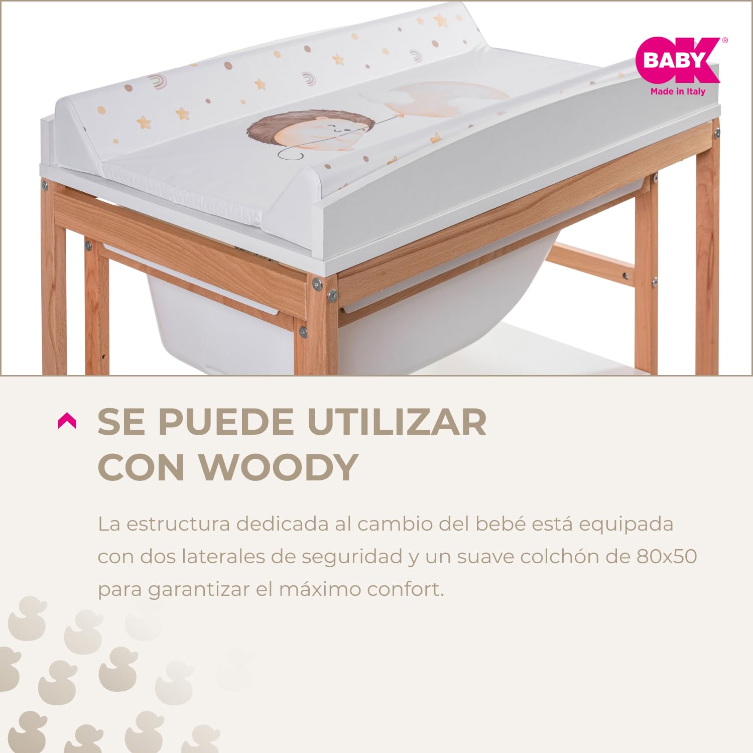 OKBABY Fluffy – Colchón cambiador suave y seguro con bordes laterales, fácil de limpiar, compatible con cambiador Woody, 80 x 50 cm, color blanco