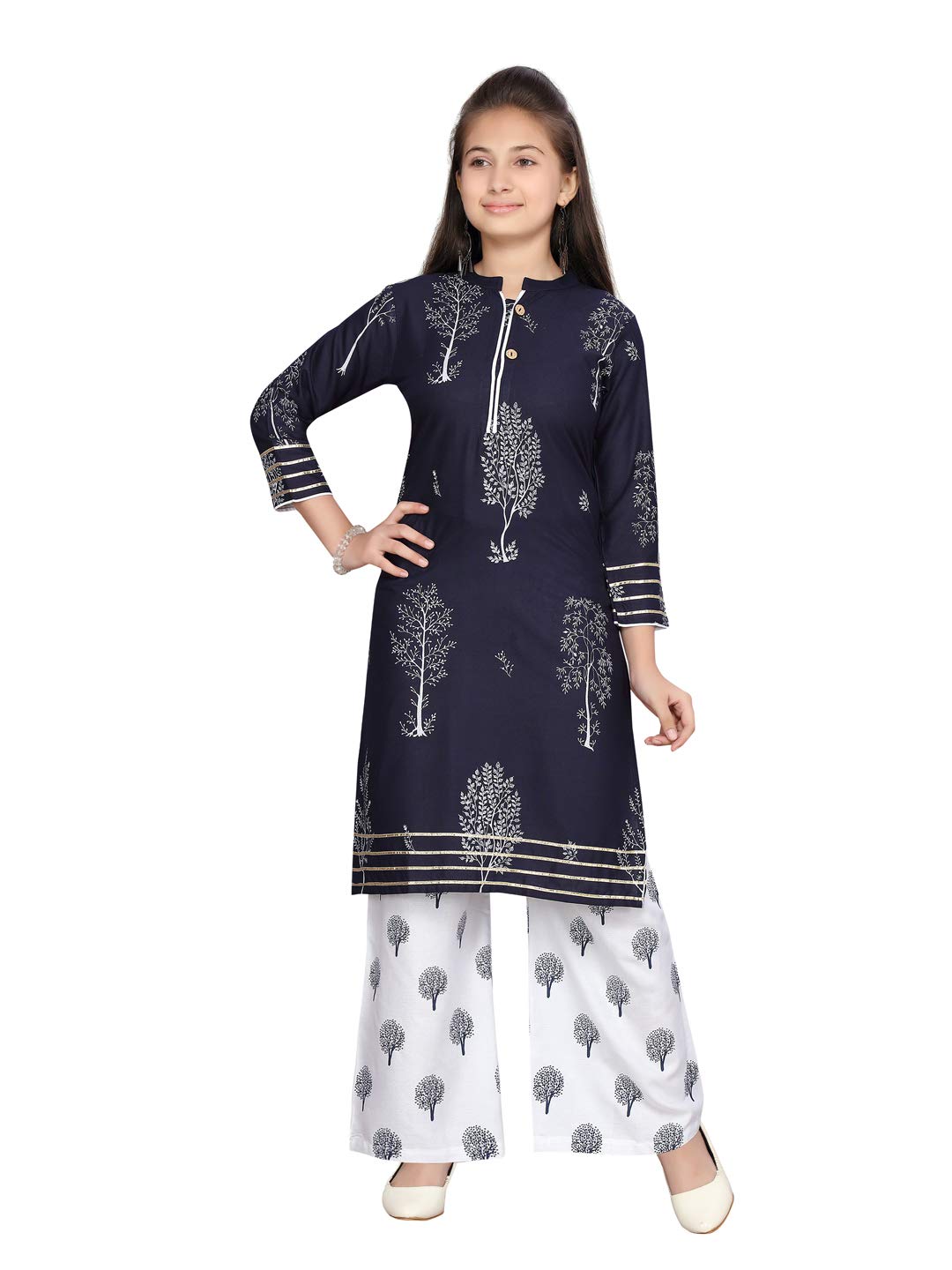 Aarika Girls A-Line Regular Fit Pure Cotton Kurta And Pallazo Set(Pl-K-01-Blue-White-38)