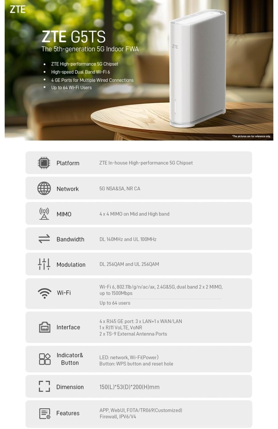 ZTE G5TS 5G Stationärer WLAN WiFi Router Weiß – Highspeed Internet für Zuhause & Büro (Generalüberholt)