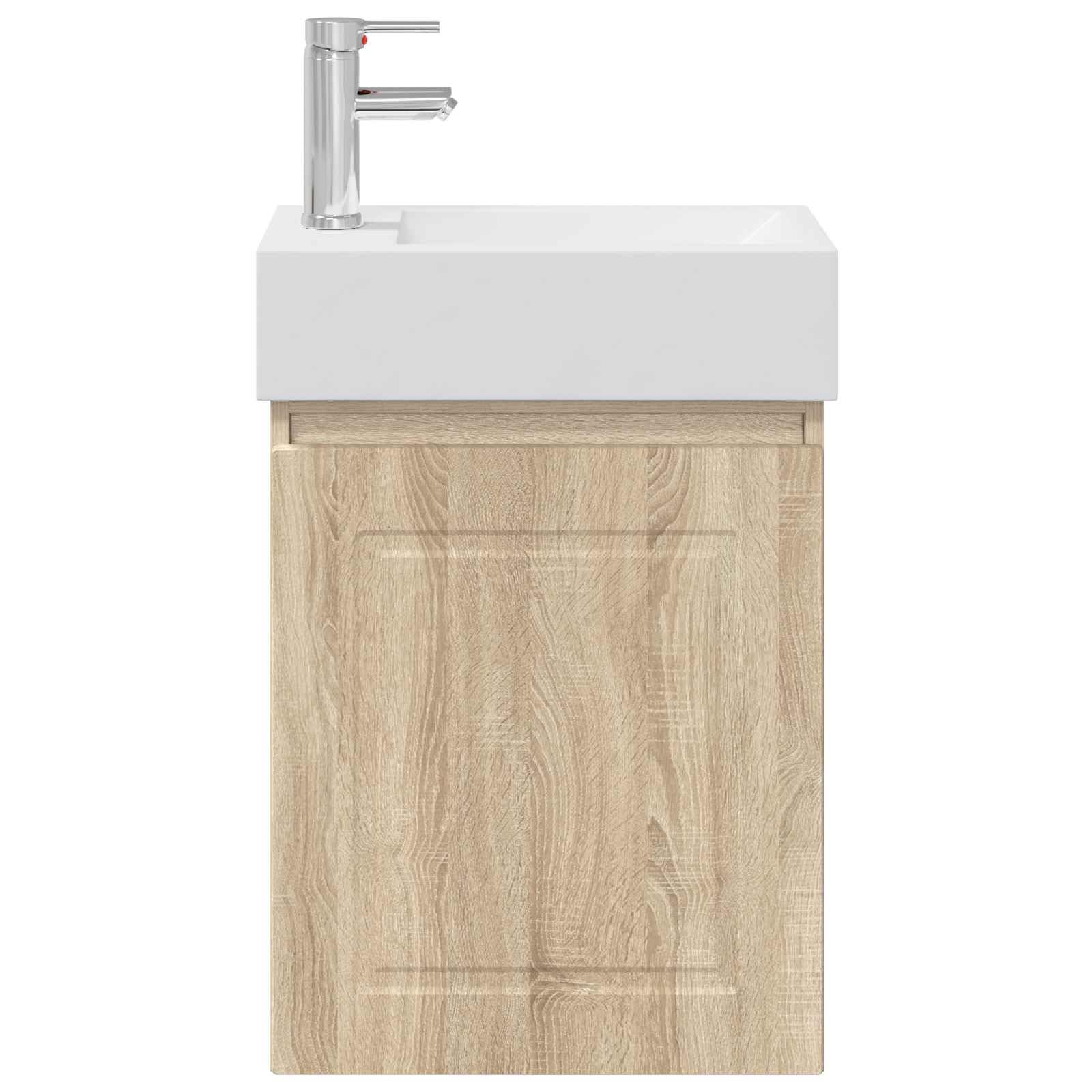 Mobile sottolavabo da bagno in rovere Sonoma con lavabo in ceramica e rubinetto miscelatore, montaggio a parete, porta reversibile, mobile da bagno moderno, mensola, lavandino