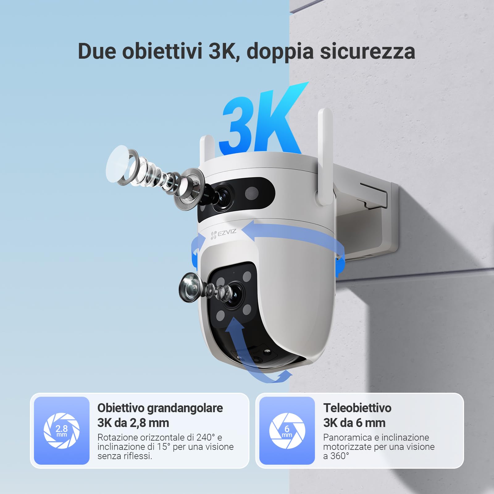 EZVIZ 10MP (5MP+5MP) Telecamera WiFi Esterno con Doppia Lente, Telecamera per Esterni a 360°, Visione Notturna a Colori, Rilevamento Persone/Veicoli, Audio Bidirezionale, Impermeabile, C9c Dual 3K