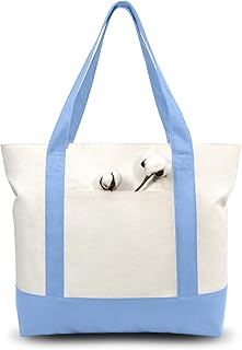 TOPDesign 1-Pack Canvas Tote Bag with an External Pocket, Reusable Grocery Shopping Bag, Top Zipper Closure, Daily Essentials (Light Blue/Natural)