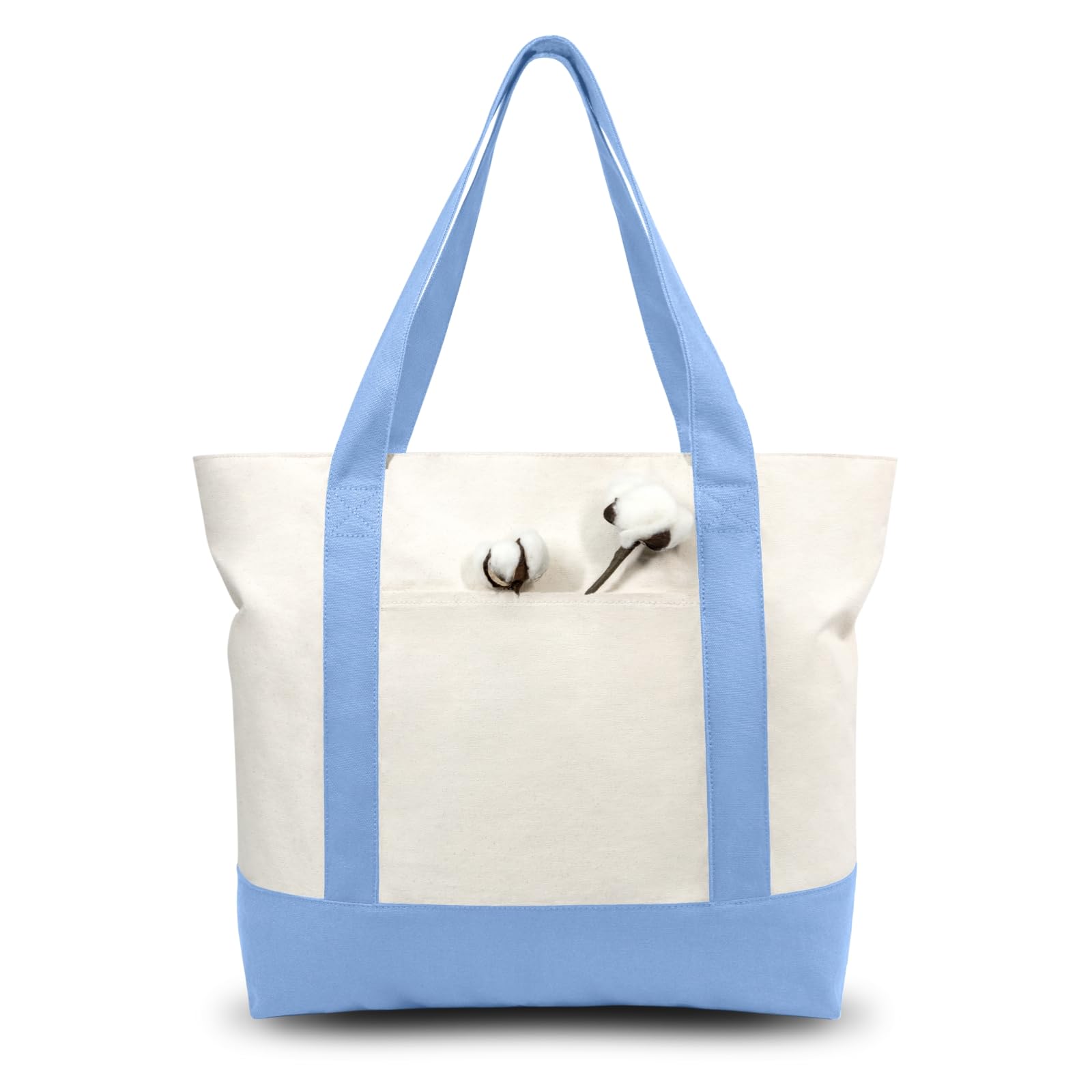 TOPDesign 30-Pack Canvas Tote Bags with an External Pocket, Reusable Grocery Shopping Bags, Top Zipper Closure, Daily Essentials (Light Blue/Natural)