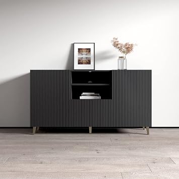 Meble Furniture Pafos 2D 1S 59" Sideboard Four Door Storage Cabinet Durable Engineered Wood, 32.3" H x 59.3" W x 15.7" D Black
