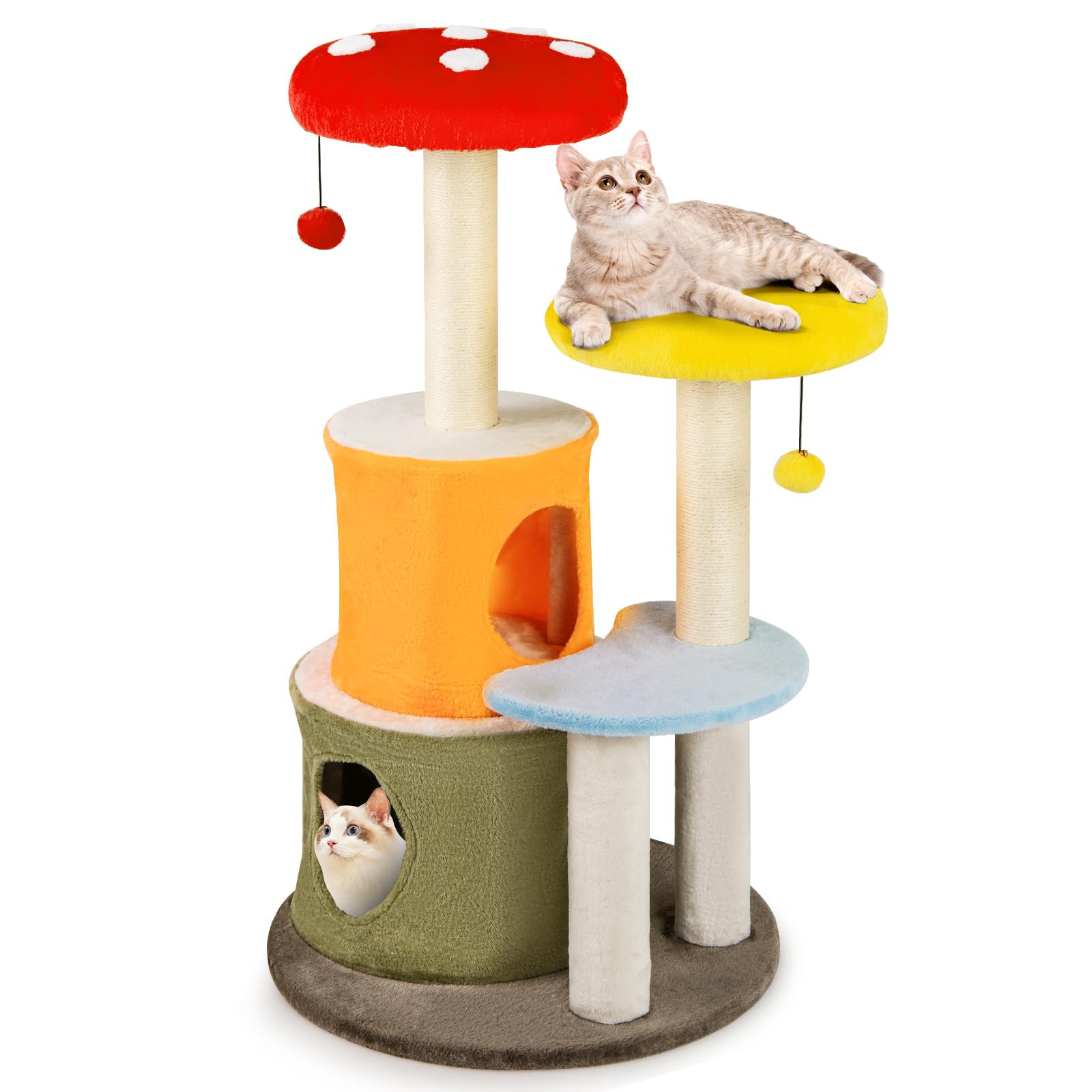 Tangkula Mushroom Cat Tree, 43 Inch Cute Cat Tower with Sisal Scratching Posts, Dual Cozy Condos, Padded Platforms, 2 Pompom Dangling Balls,