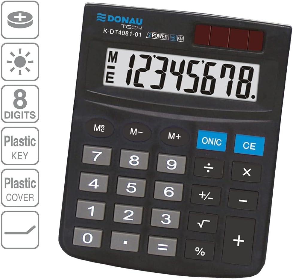 DONAU Tech K-DT4081-01 8-Digit Calculator Root Function 134 x 104 x 17 mm Black with 8-Digit Display Dual Power Solar Battery Operated Compact Design
