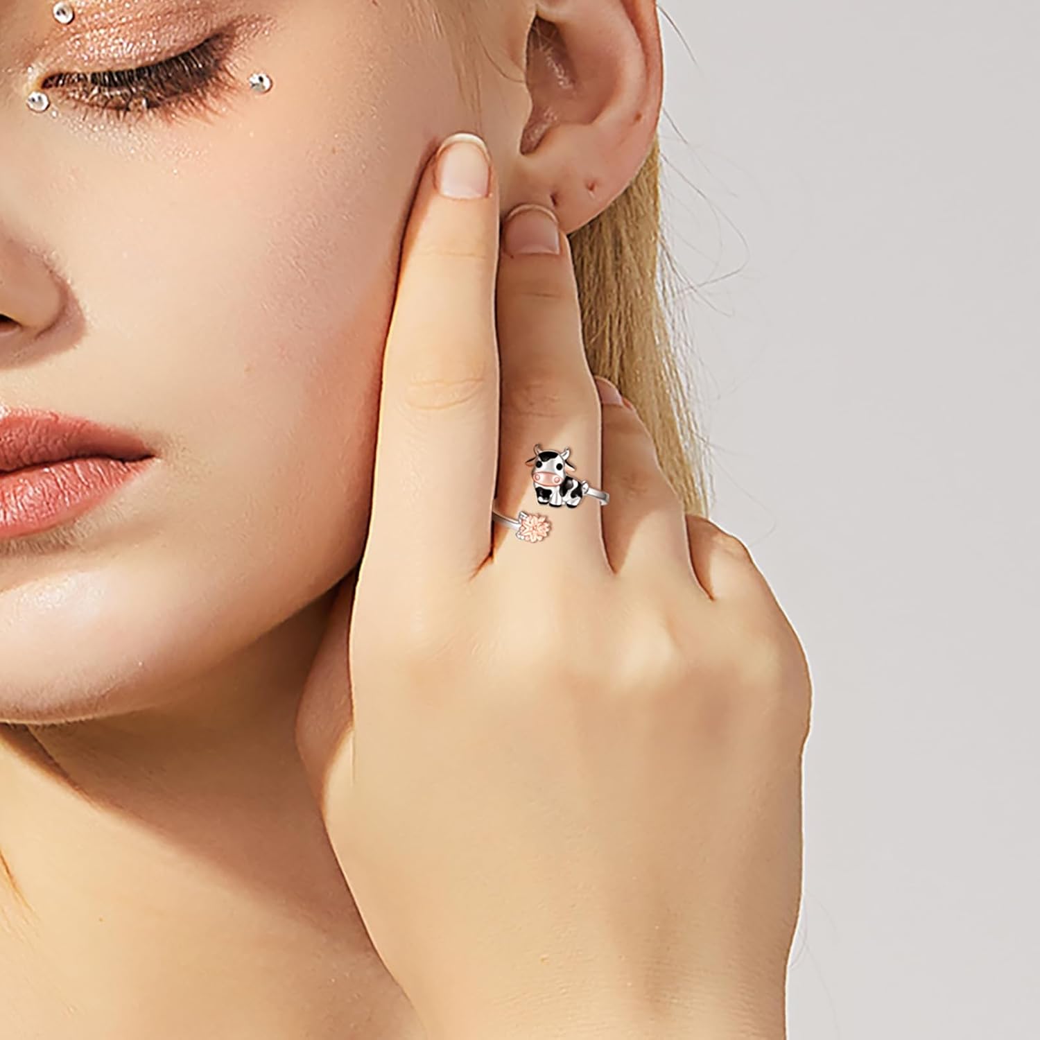 APOTIE Sterling Silver Cow Adjustable Ring - CZ Cute Farm Animal Jewelry Gifts for Women
