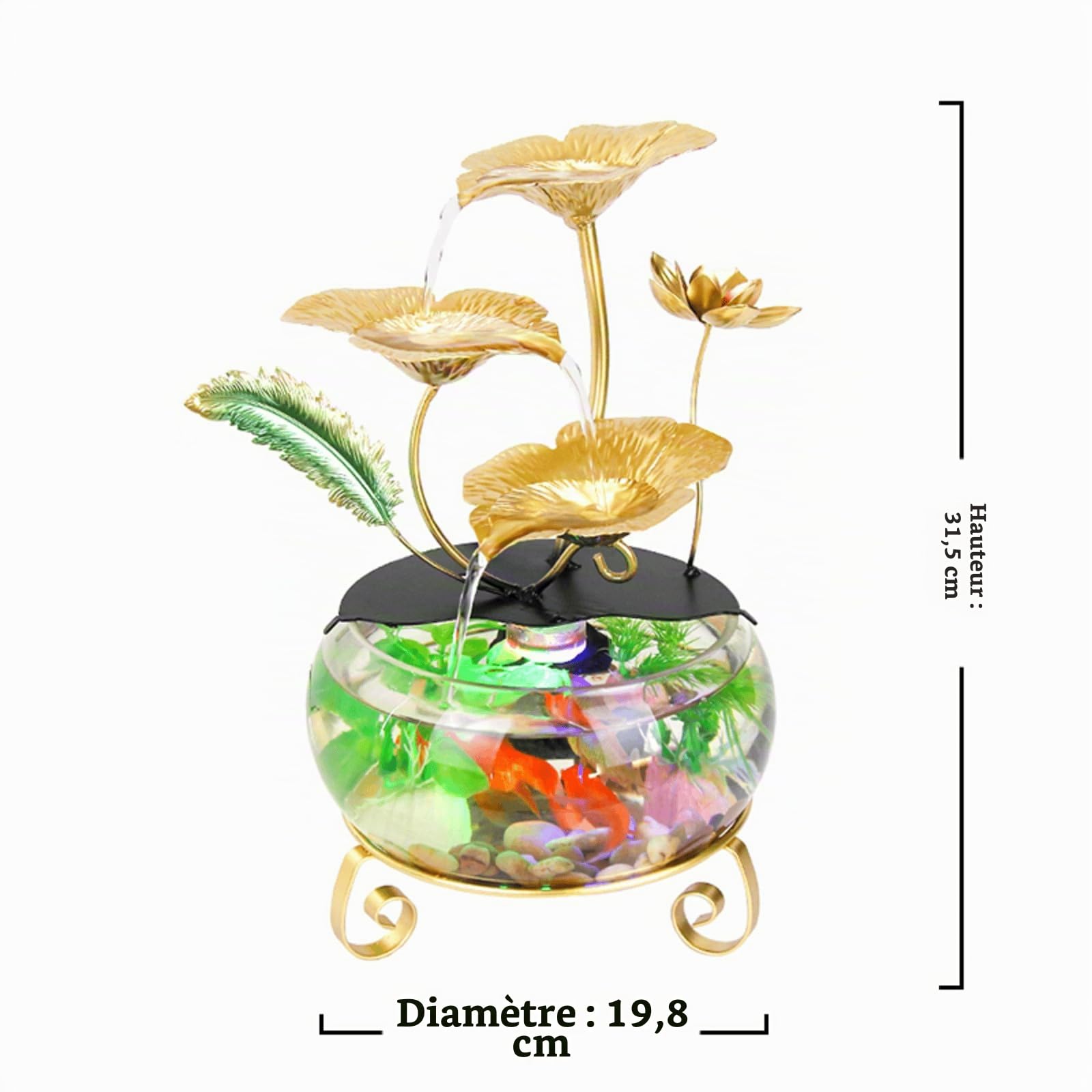 Fontaine à eau en forme de fleur de lotus dorée avec lumières LED et aquarium, décoration de table élégante pour la maison et le bureau, cascade intérieure relaxante pour ambiance de bureau