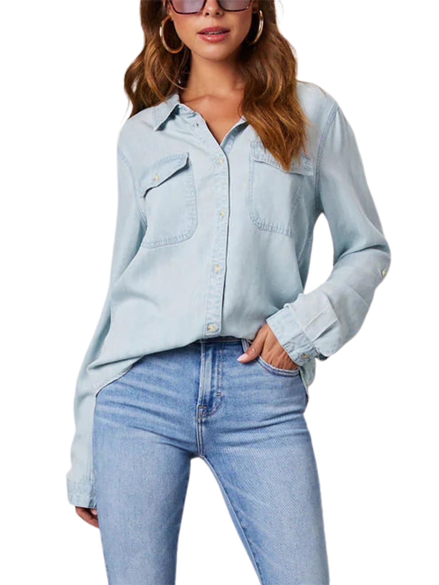 Acrawnni Women's Denim Shirt Button Down Turn Down Collar Long Sleeve Denim Jacket Casual Soft Jean Tops Blouses (A-Light Blue, XL)