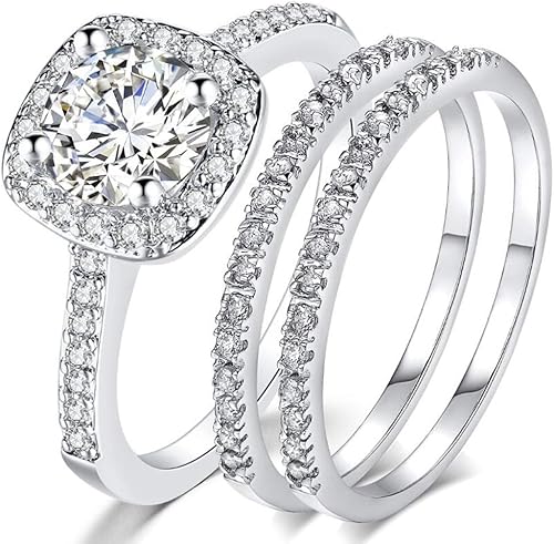 Jude Jewelers Juego de anillos tres en uno de plata y oro rosa con halo de compromiso y boda