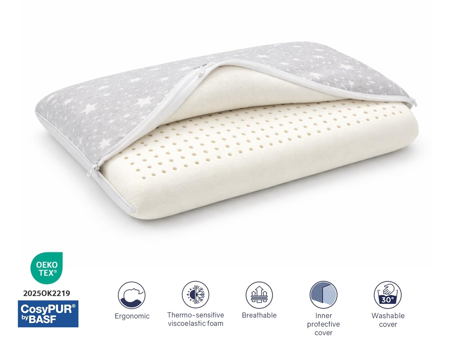 DORMISSIMO 2 X Almohada 90x35-6 CM Viscoelástica | Desenfundable y lavable, Ergonómica, Su primera almohada